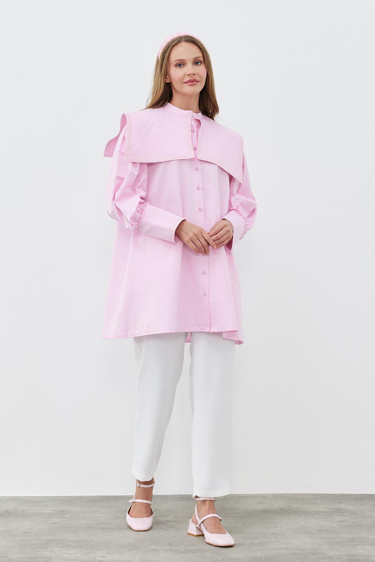 BİANCA DENİZCİ YAKA BİYE DETAYLI GÖMLEK-PEMBE