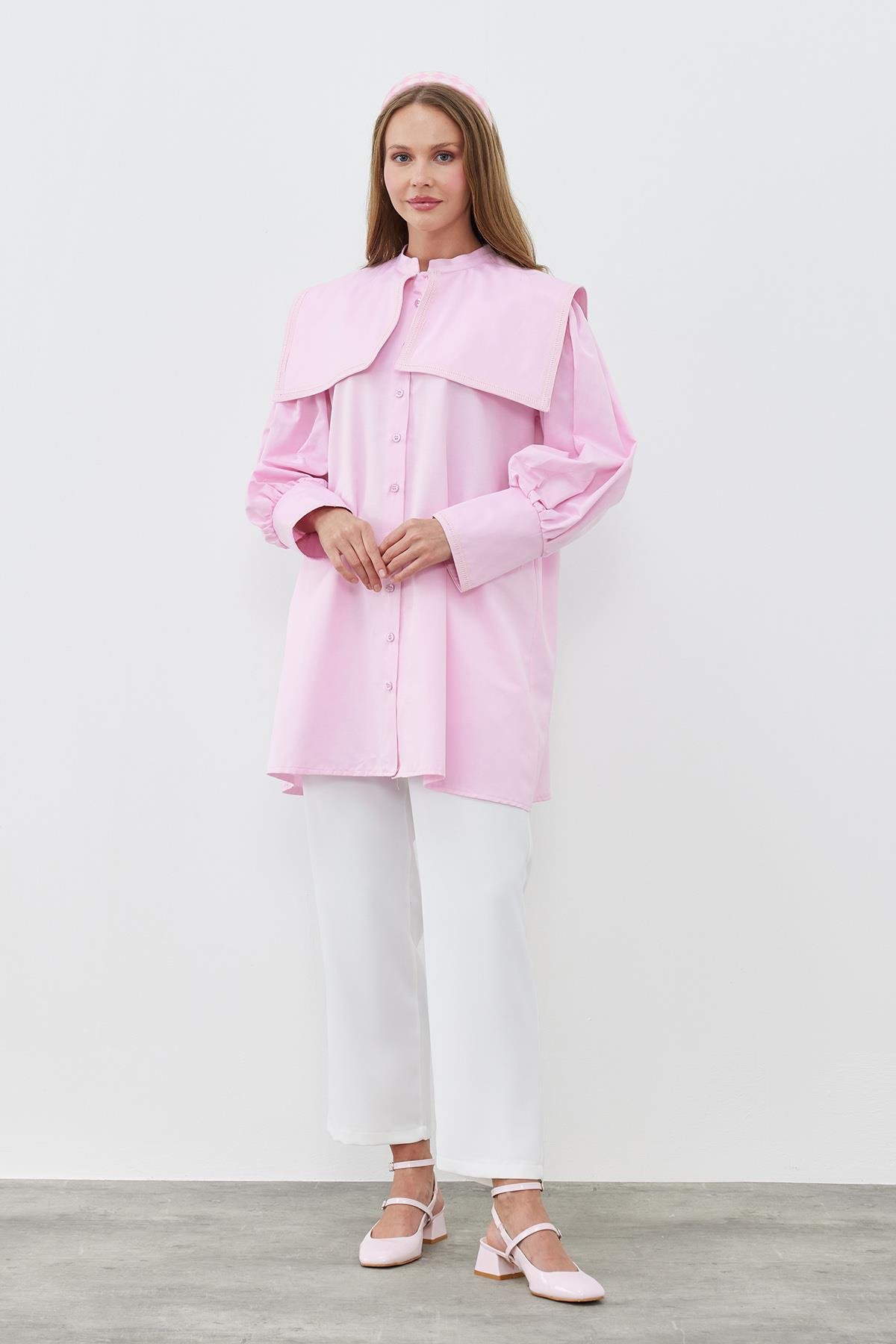 BİANCA DENİZCİ YAKA BİYE DETAYLI GÖMLEK-PEMBE