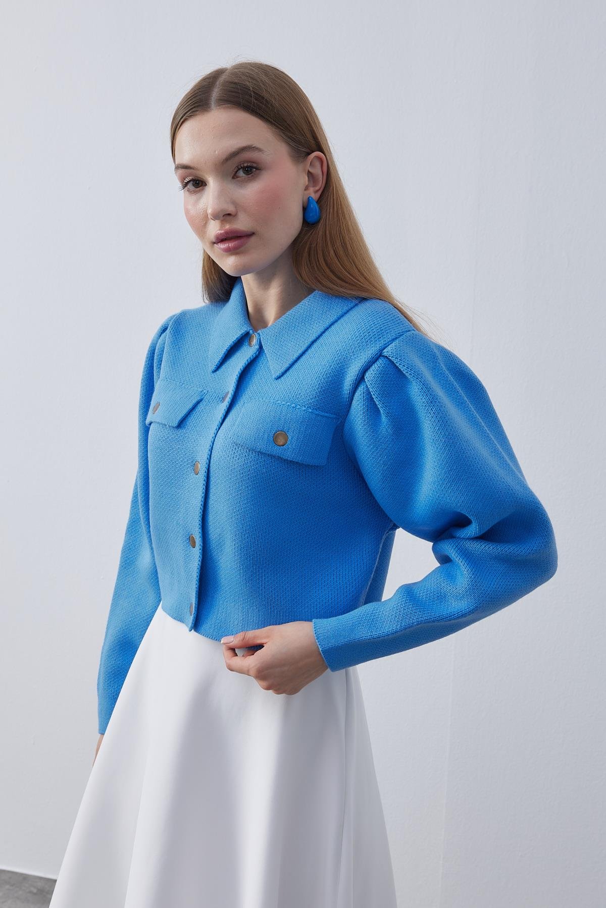 Blair Çıtçıtlı Triko Ceket- Kot mavi