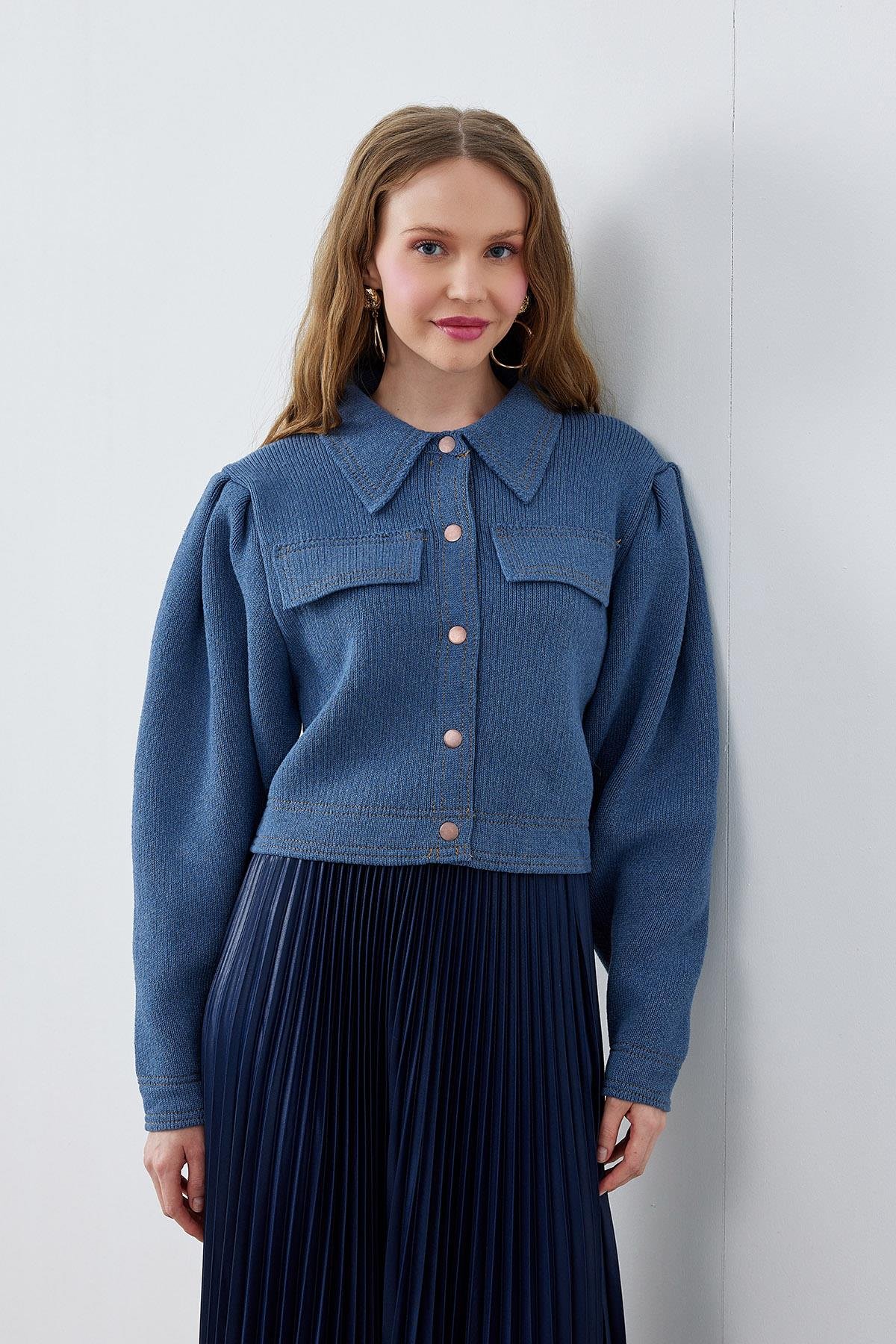 BLAİR OMUZ PİLE DETAYLI ÇITÇITLI TRİKO CEKET- İNDİGO 