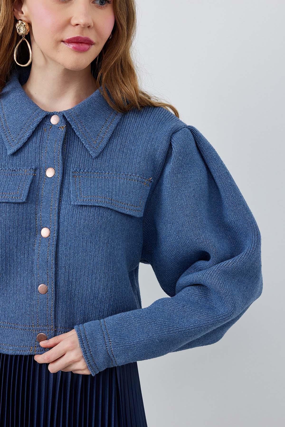 BLAİR OMUZ PİLE DETAYLI ÇITÇITLI TRİKO CEKET- İNDİGO 