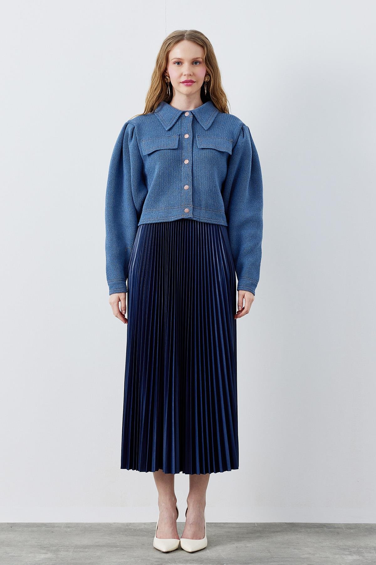 BLAİR OMUZ PİLE DETAYLI ÇITÇITLI TRİKO CEKET- İNDİGO 