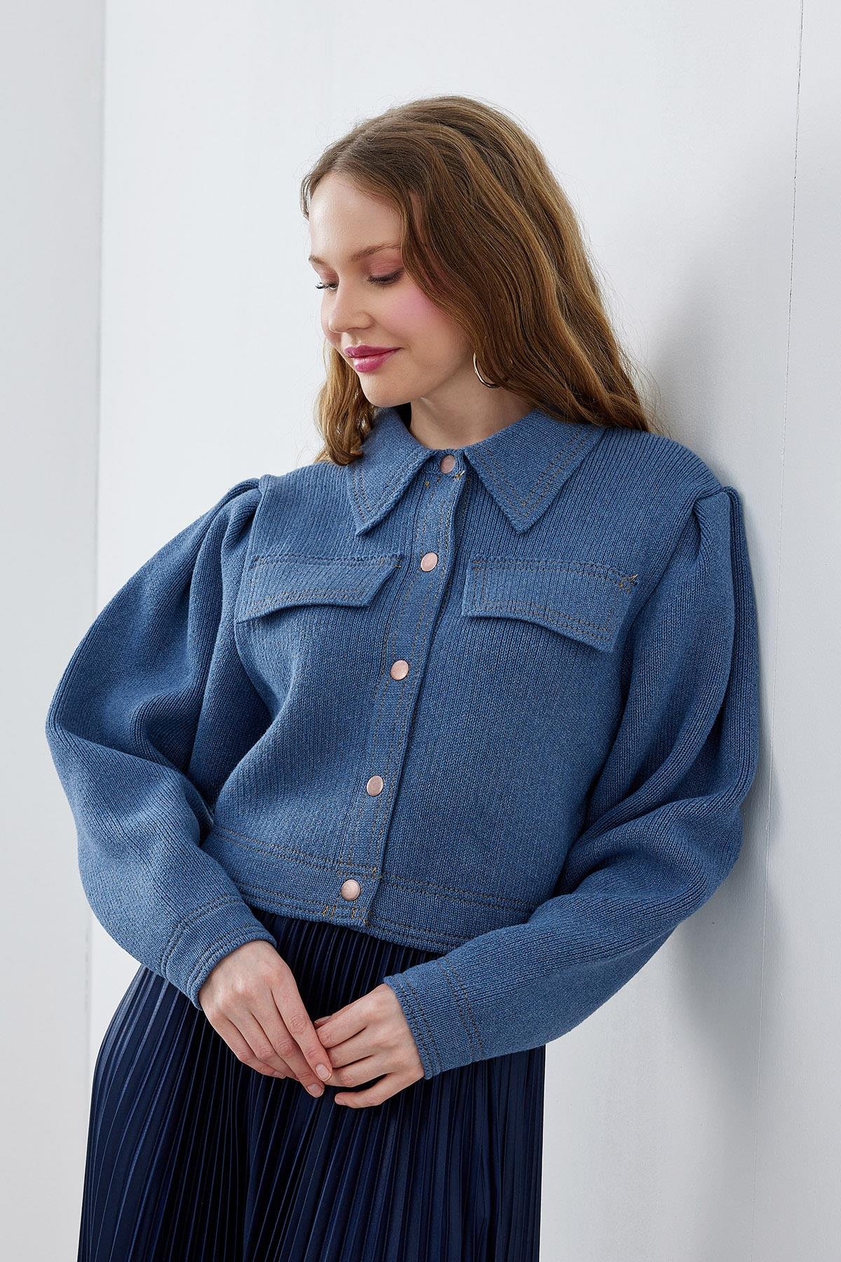 BLAİR OMUZ PİLE DETAYLI ÇITÇITLI TRİKO CEKET- İNDİGO 