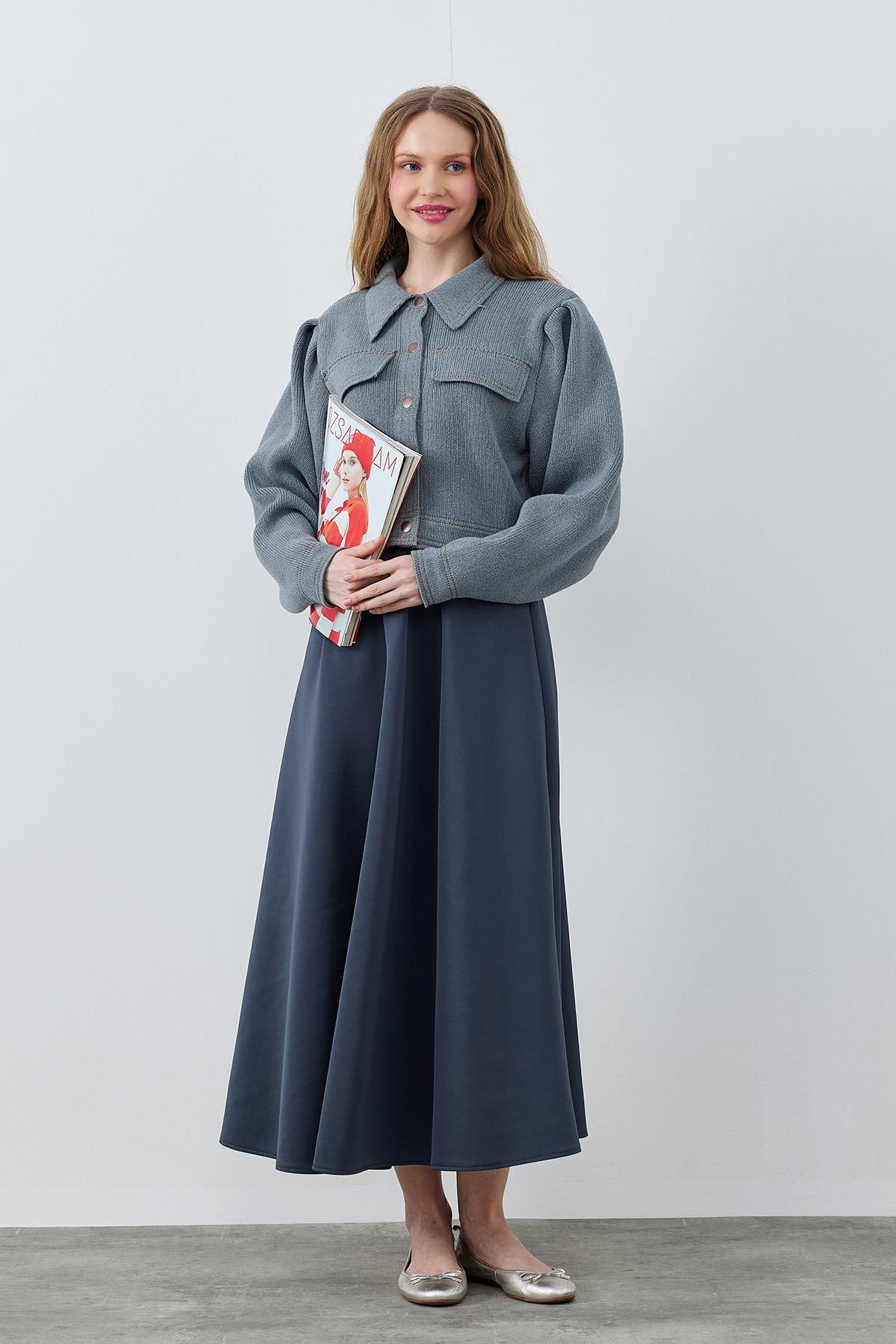 BLAİR OMUZ PİLE DETAYLI ÇITÇITLI TRİKO CEKET - GRİ 