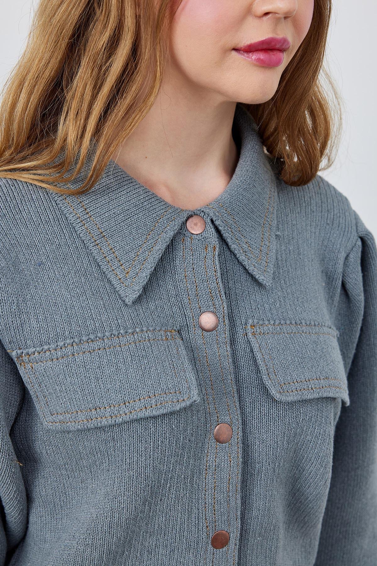 BLAİR OMUZ PİLE DETAYLI ÇITÇITLI TRİKO CEKET - GRİ 