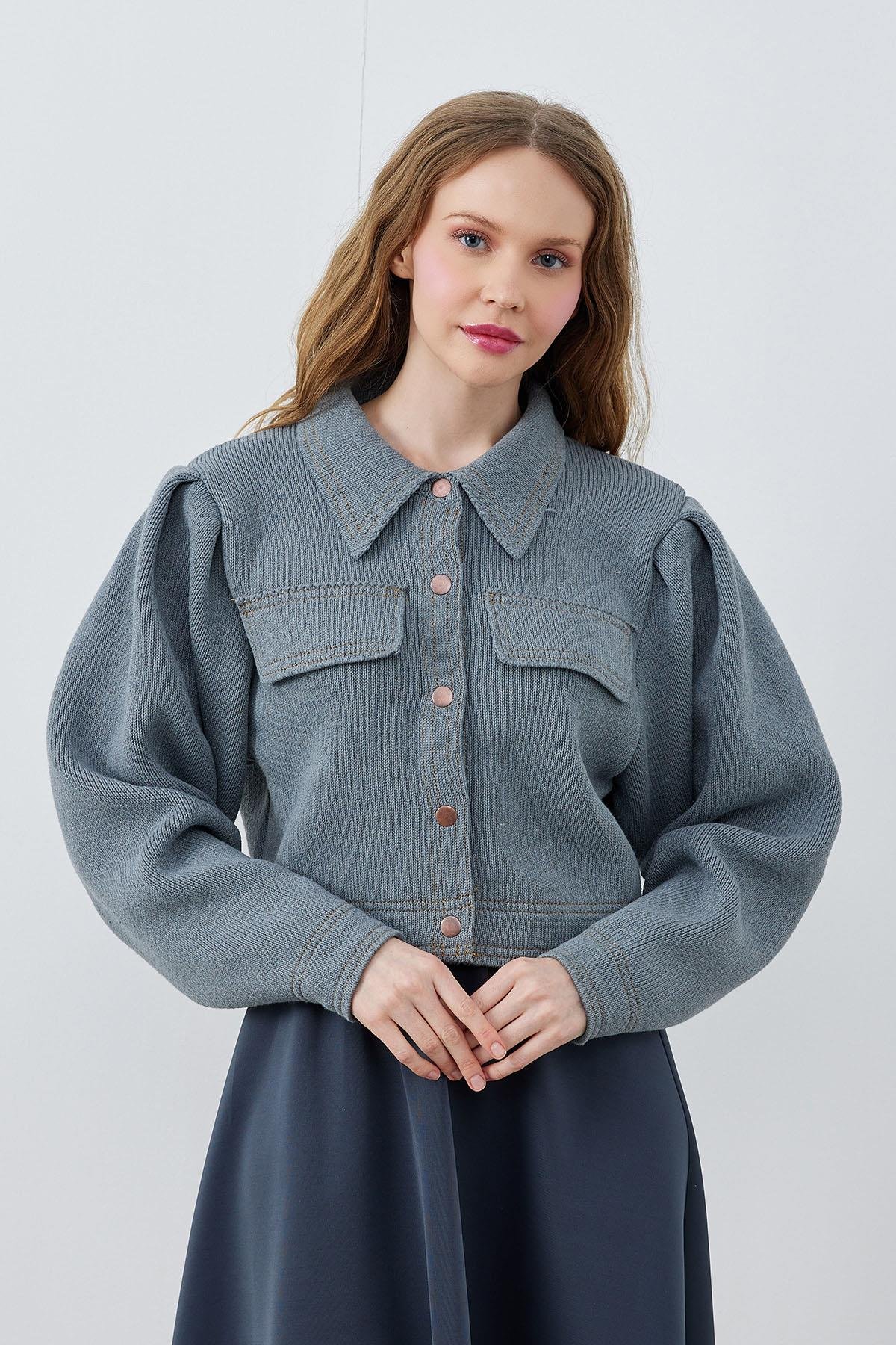 BLAİR OMUZ PİLE DETAYLI ÇITÇITLI TRİKO CEKET - GRİ 