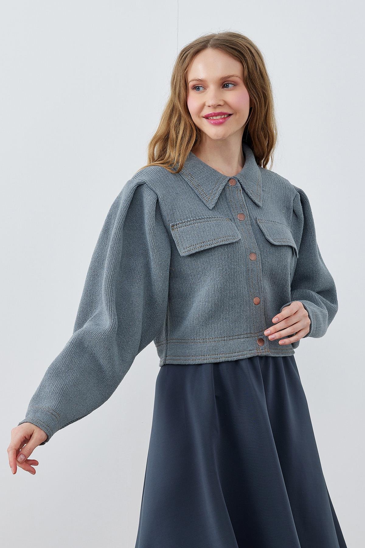 BLAİR OMUZ PİLE DETAYLI ÇITÇITLI TRİKO CEKET - GRİ 