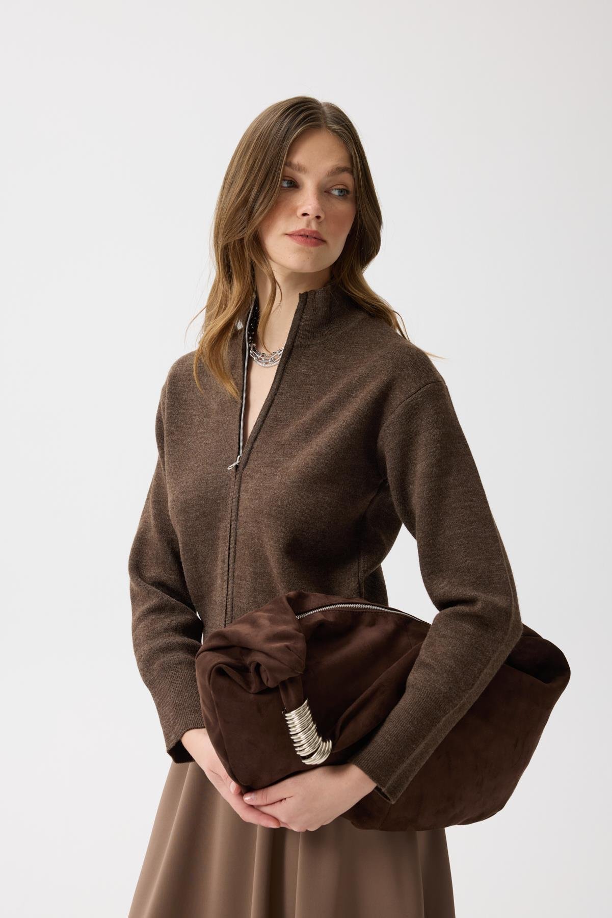 Blanche Yüksek Yaka Hırka - Kahve Melanj