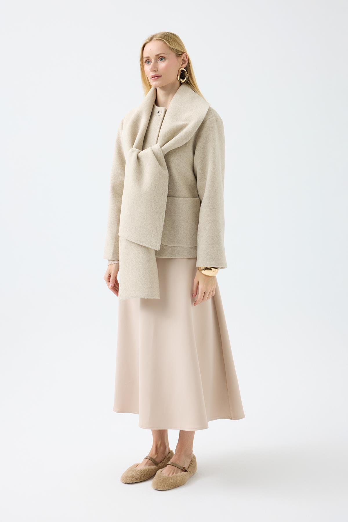 Blossom Atkılı Kaşe Kaban - Bej 