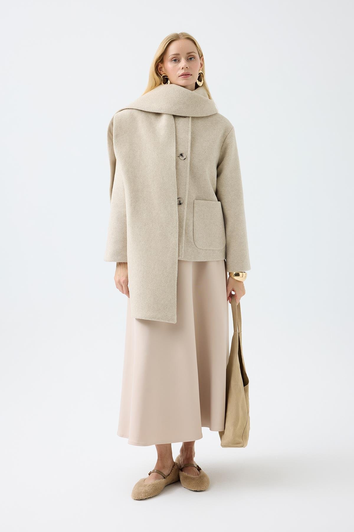 Blossom Atkılı Kaşe Kaban - Bej 