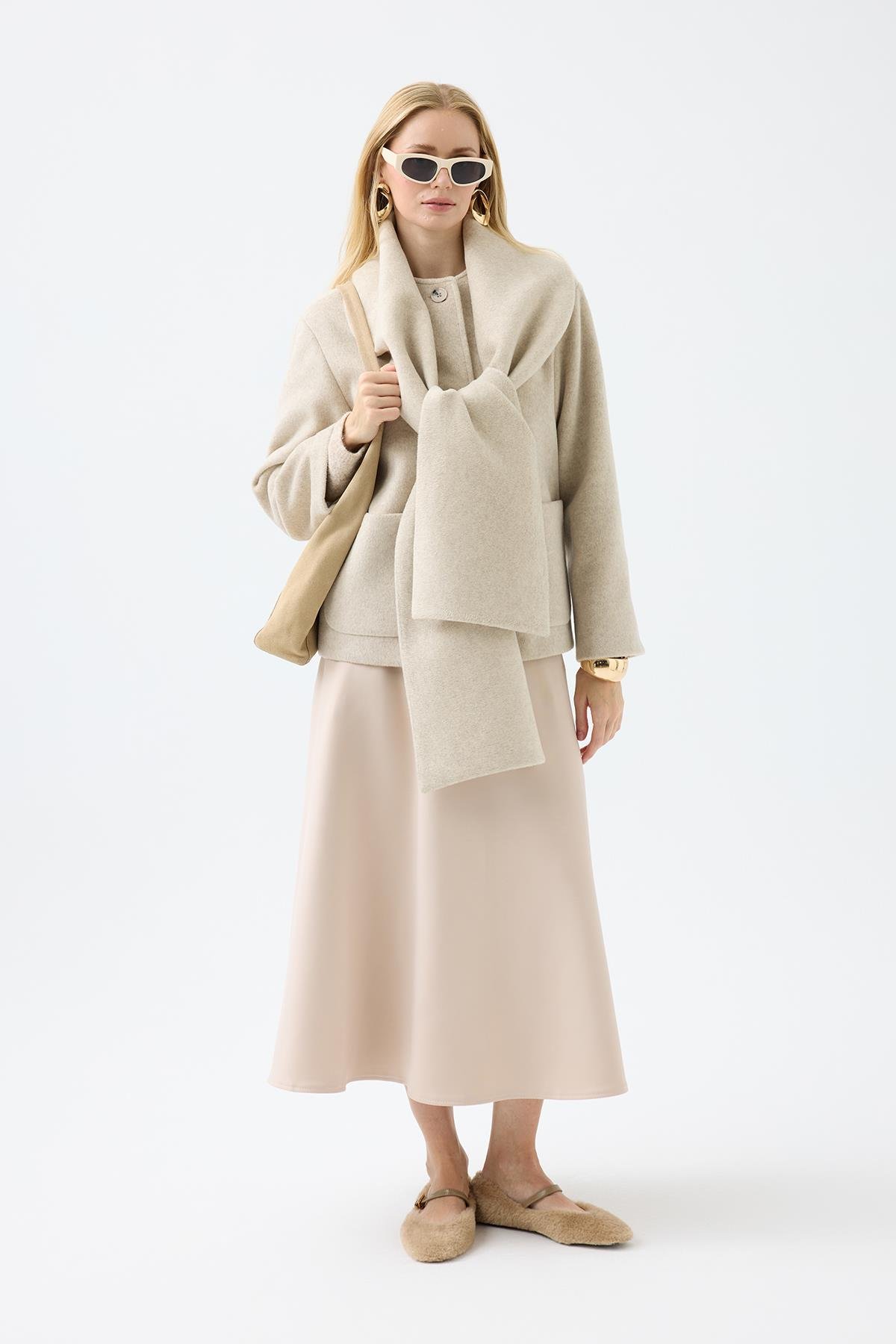 Blossom Atkılı Kaşe Kaban - Bej 