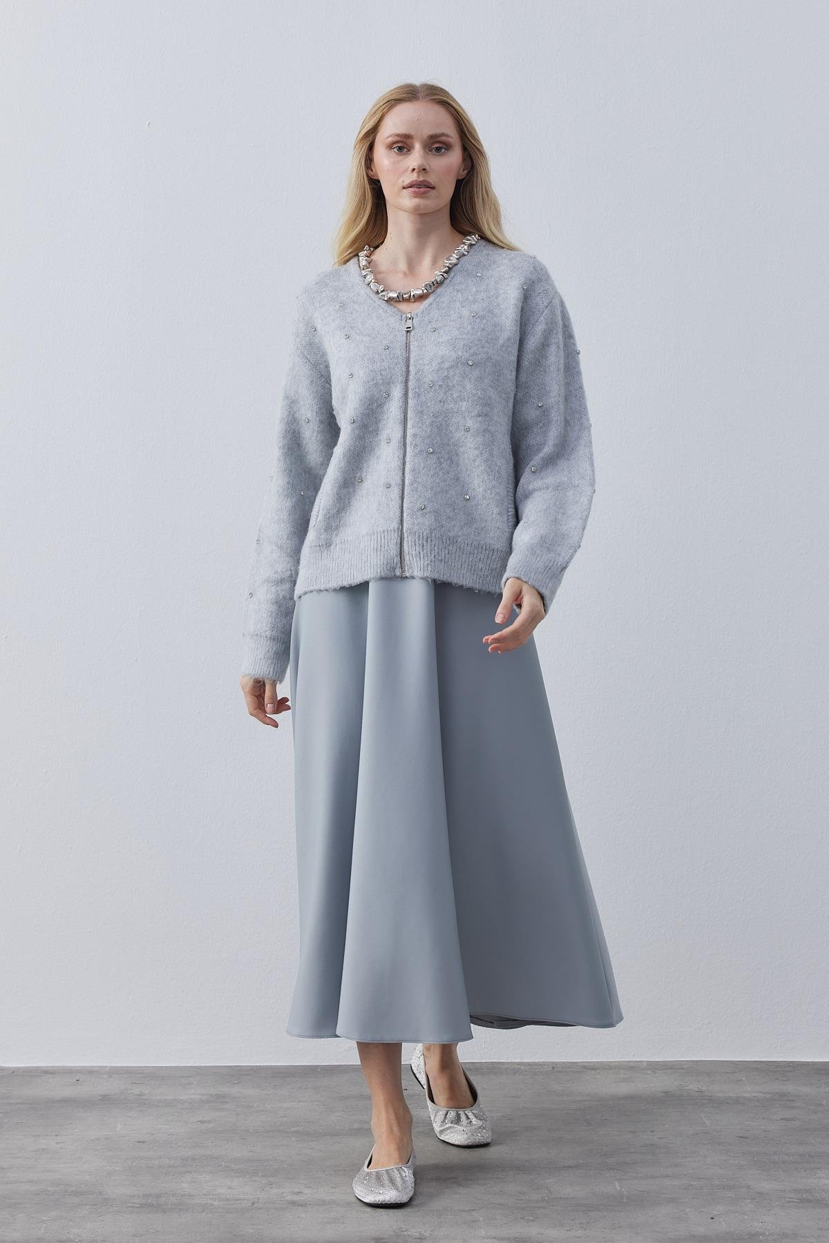 Blouse Taş İşlemeli Yünlü Hırka- Gri
