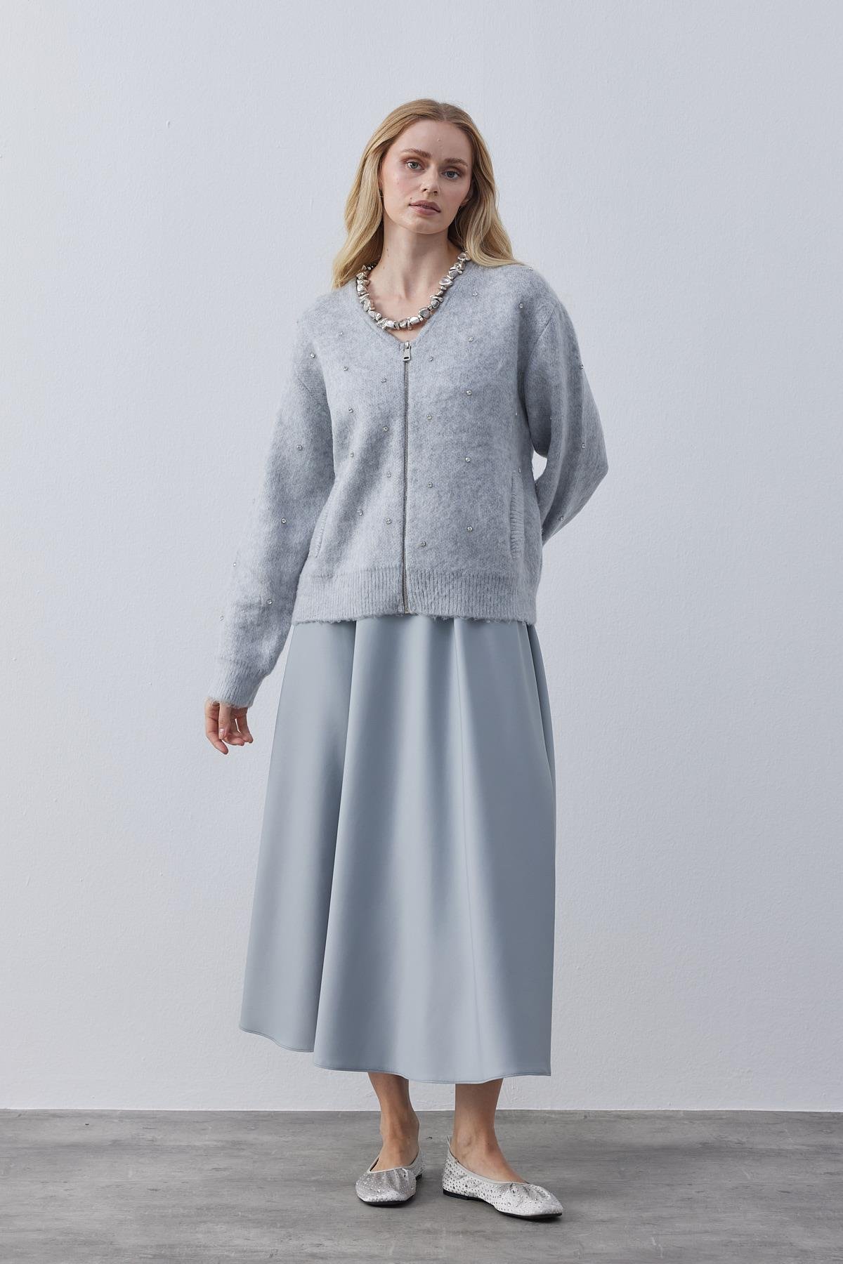 Blouse Taş İşlemeli Yünlü Hırka- Gri