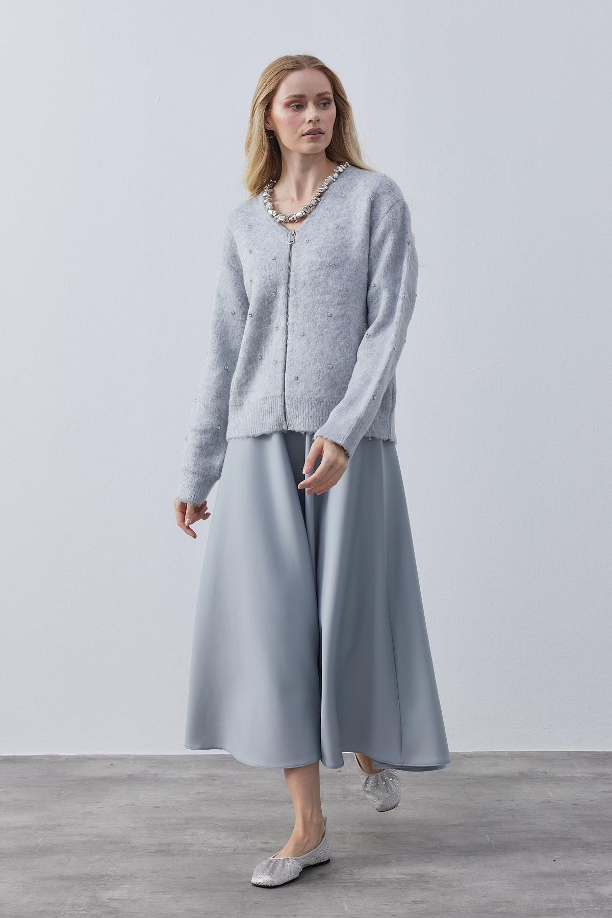 Blouse Taş İşlemeli Yünlü Hırka- Gri