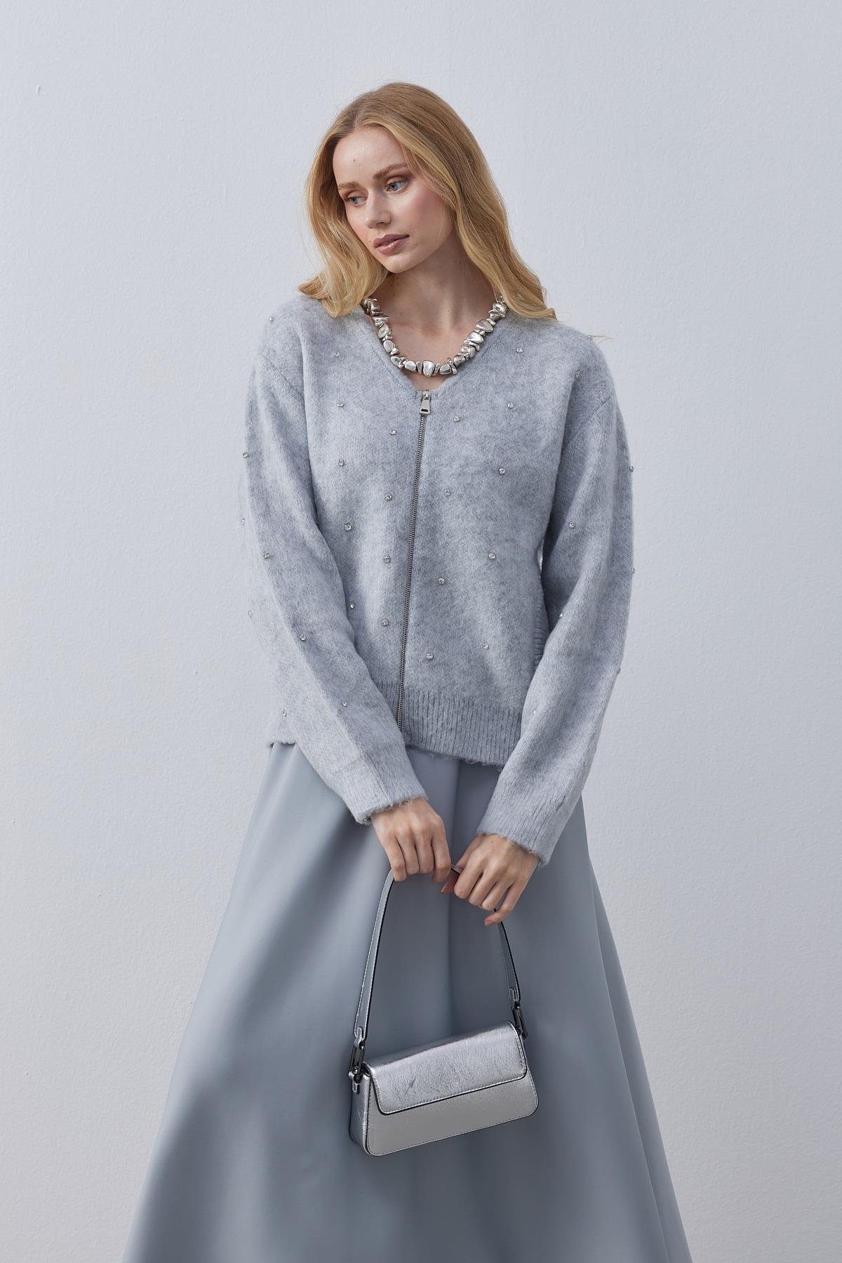 Blouse Taş İşlemeli Yünlü Hırka- Gri