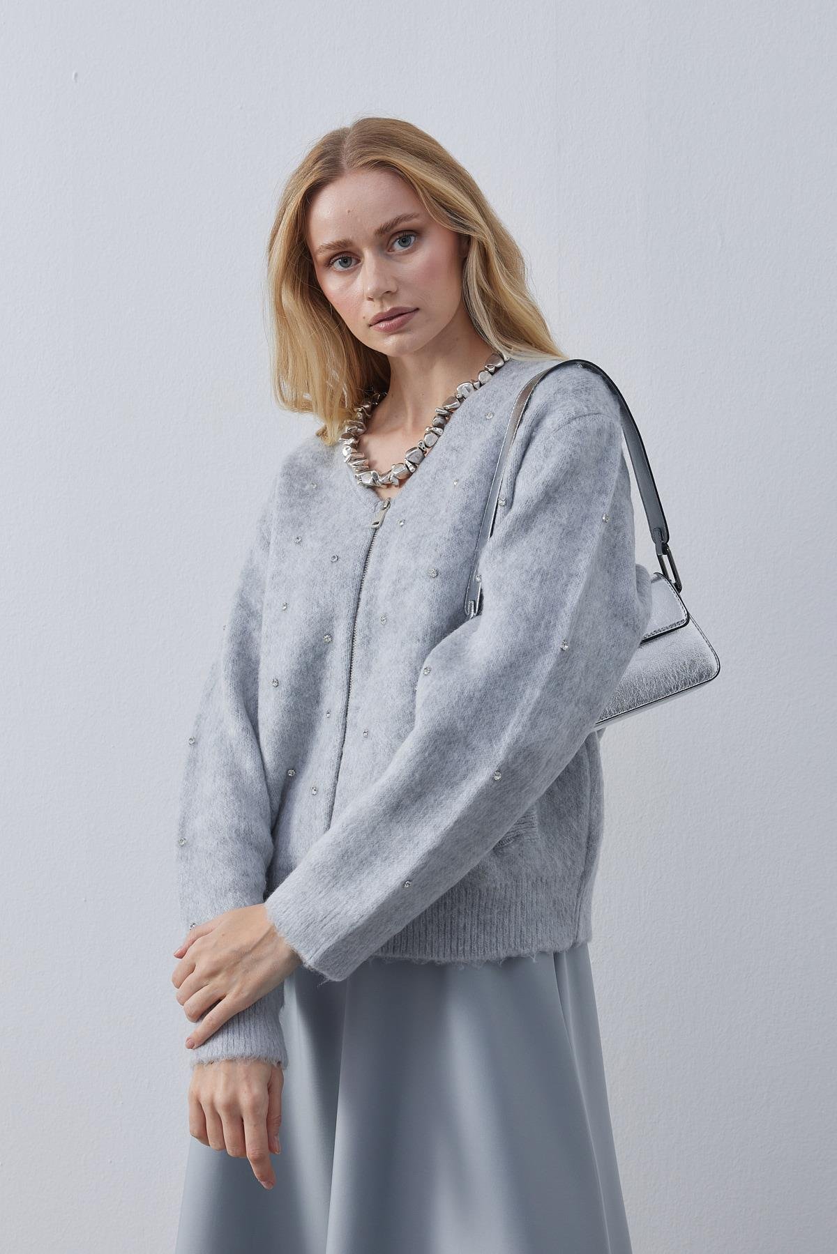 Blouse Taş İşlemeli Yünlü Hırka- Gri