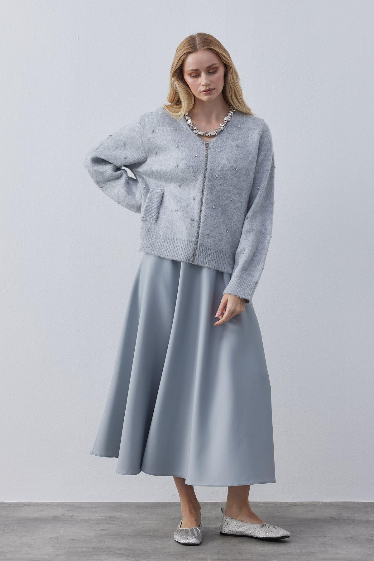 Blouse Taş İşlemeli Yünlü Hırka- Gri