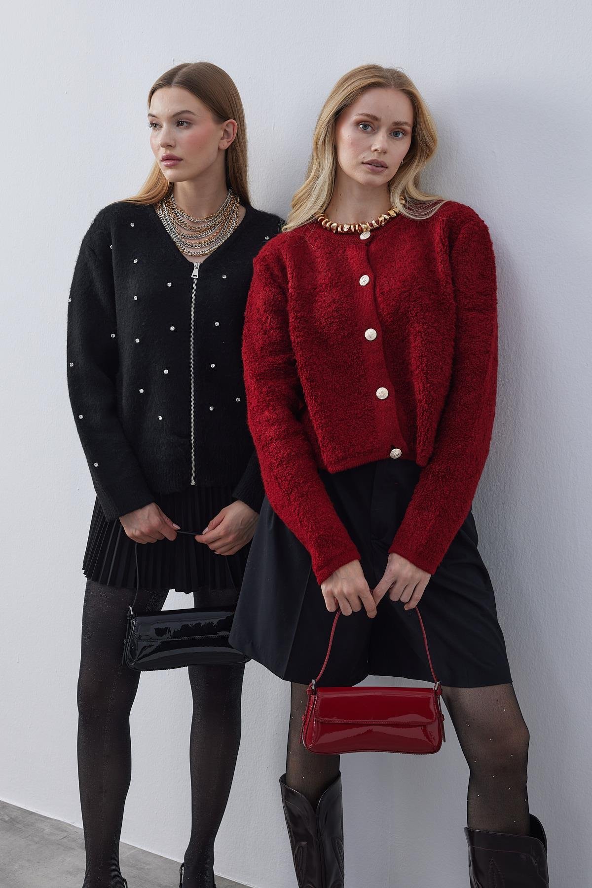 Blouse Taş İşlemeli Yünlü Hırka- Siyah