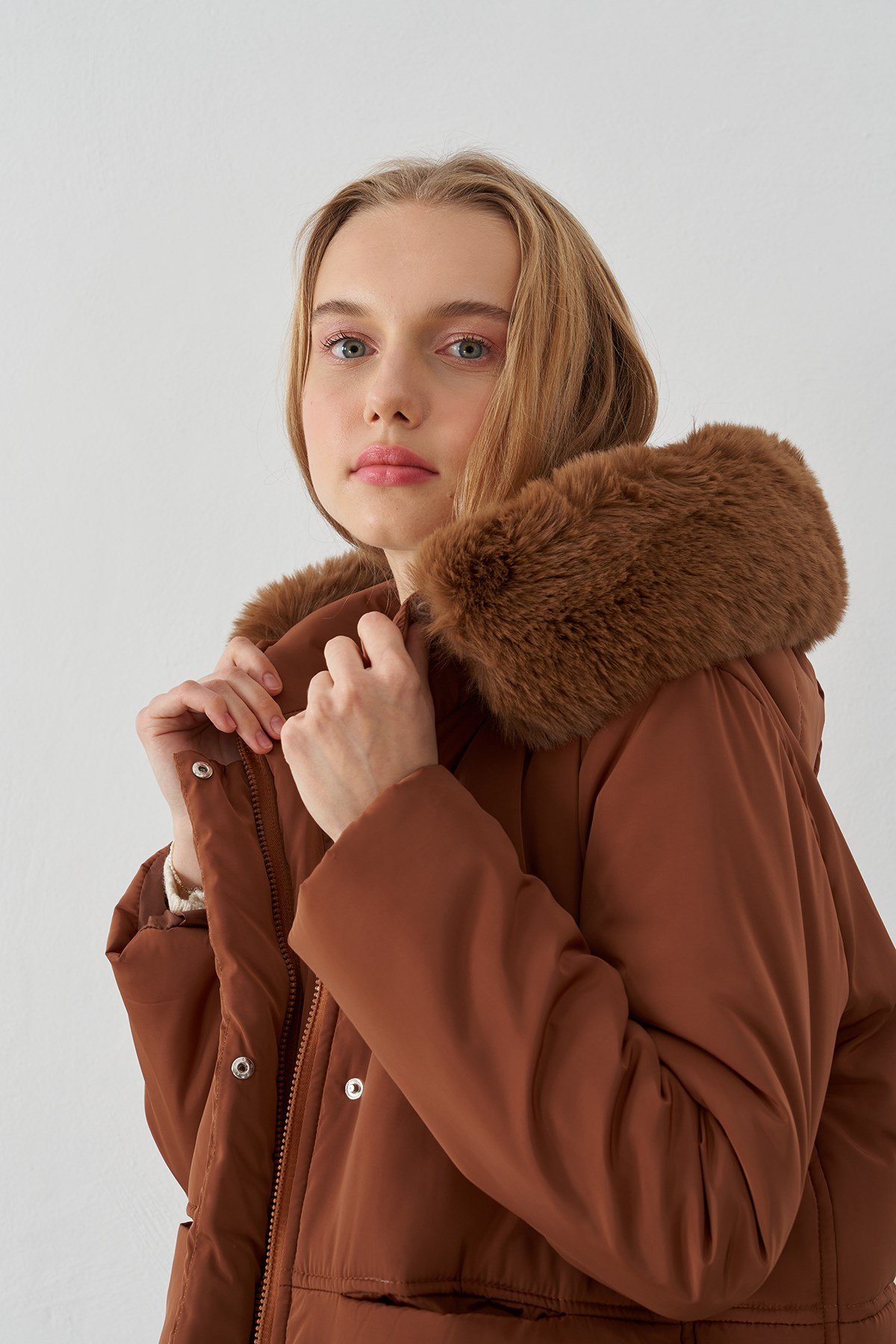 Bomb Kürklü Şişme Mont - Kahve