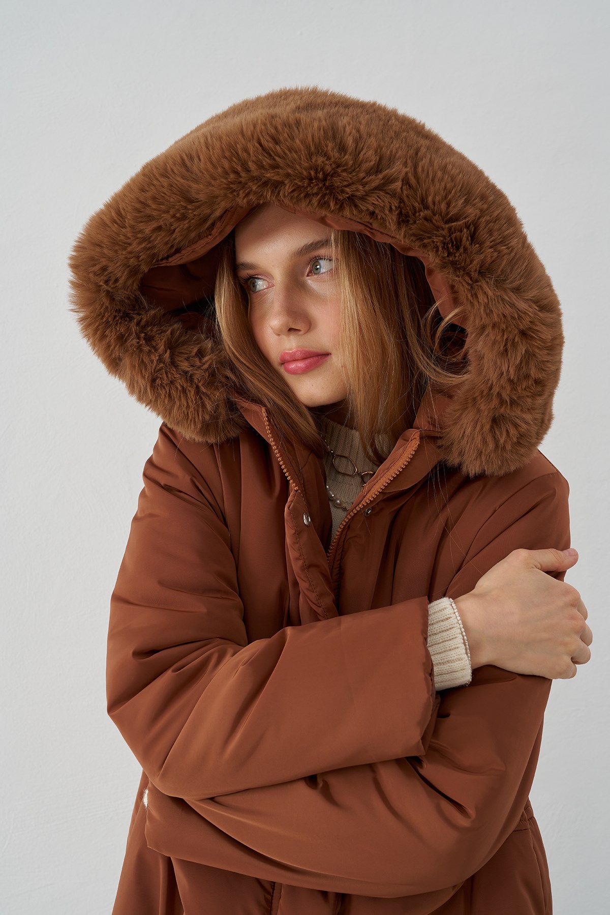 Bomb Kürklü Şişme Mont - Kahve