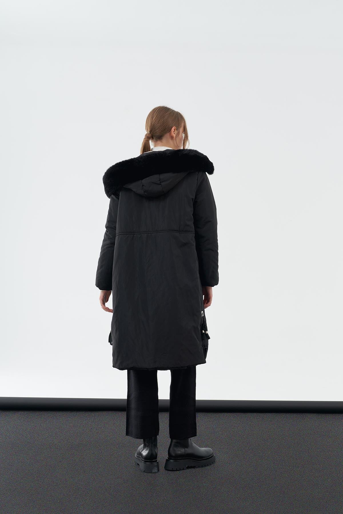 Bomb Kürklü Şişme Mont - Siyah