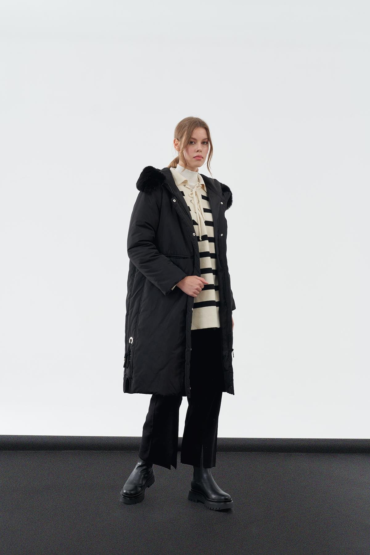 Bomb Kürklü Şişme Mont - Siyah