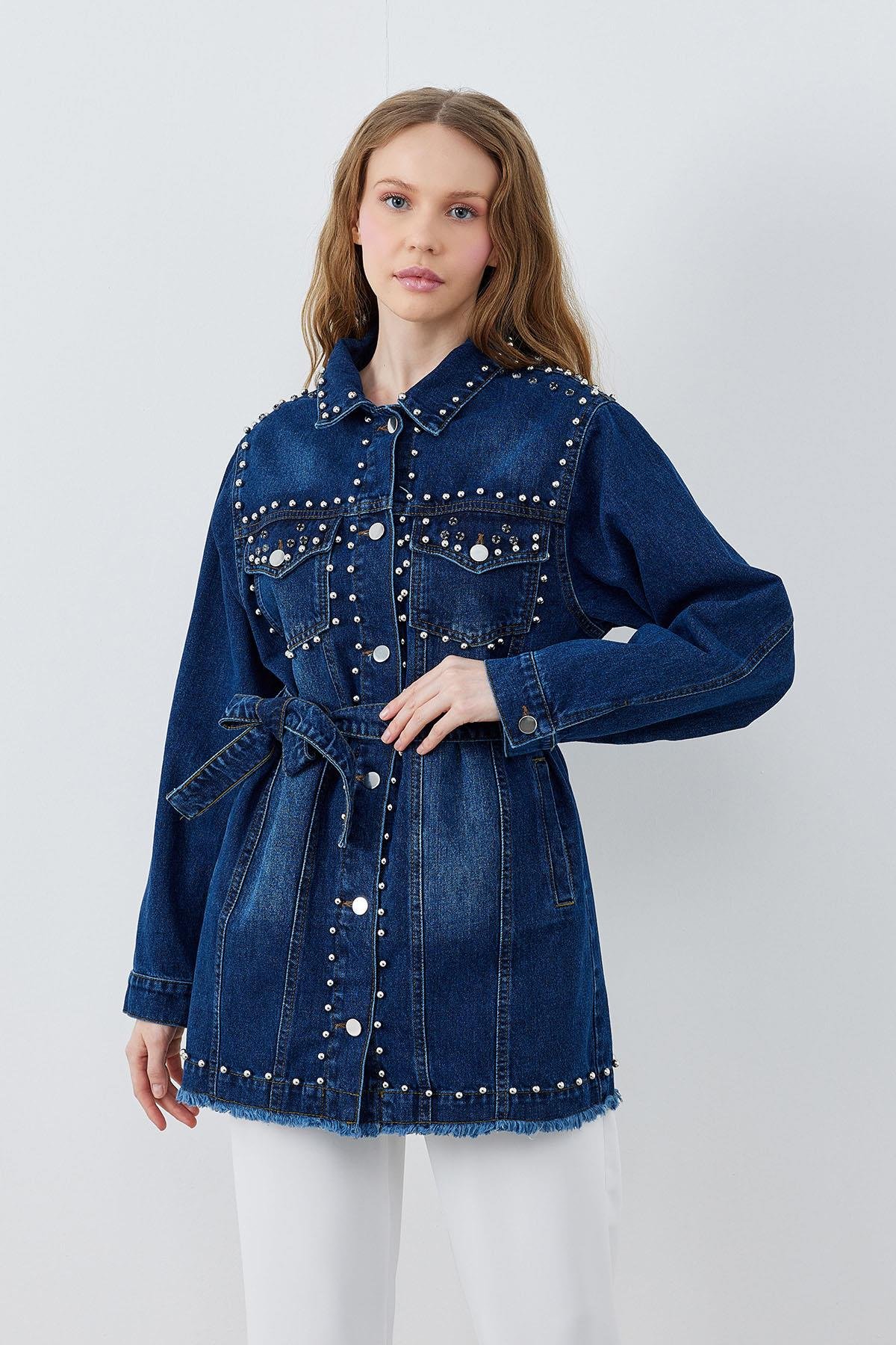 CAMELİA ZIMBALI DERİ CEKET- KOYU MAVİ 