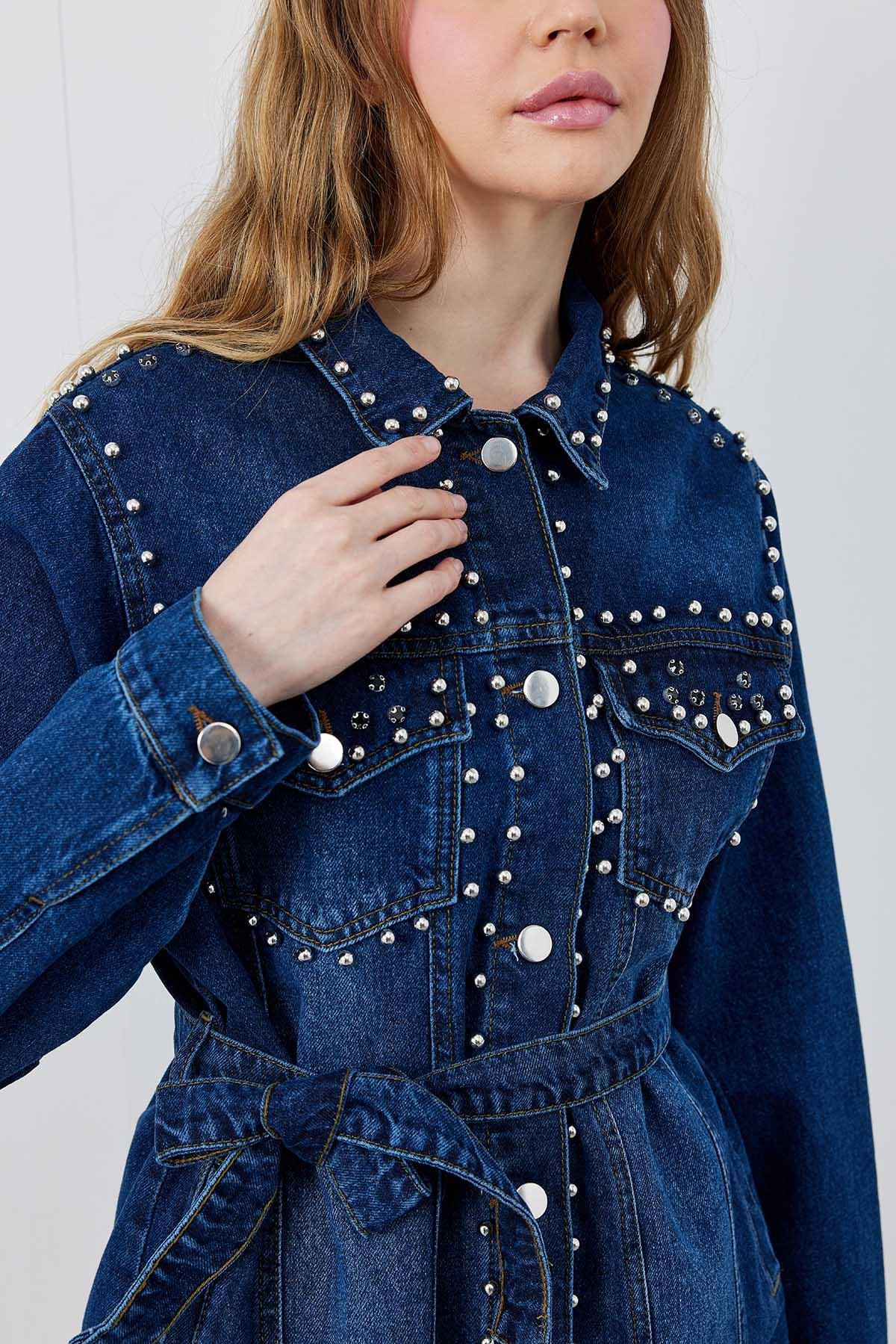 CAMELİA ZIMBALI DERİ CEKET- KOYU MAVİ 