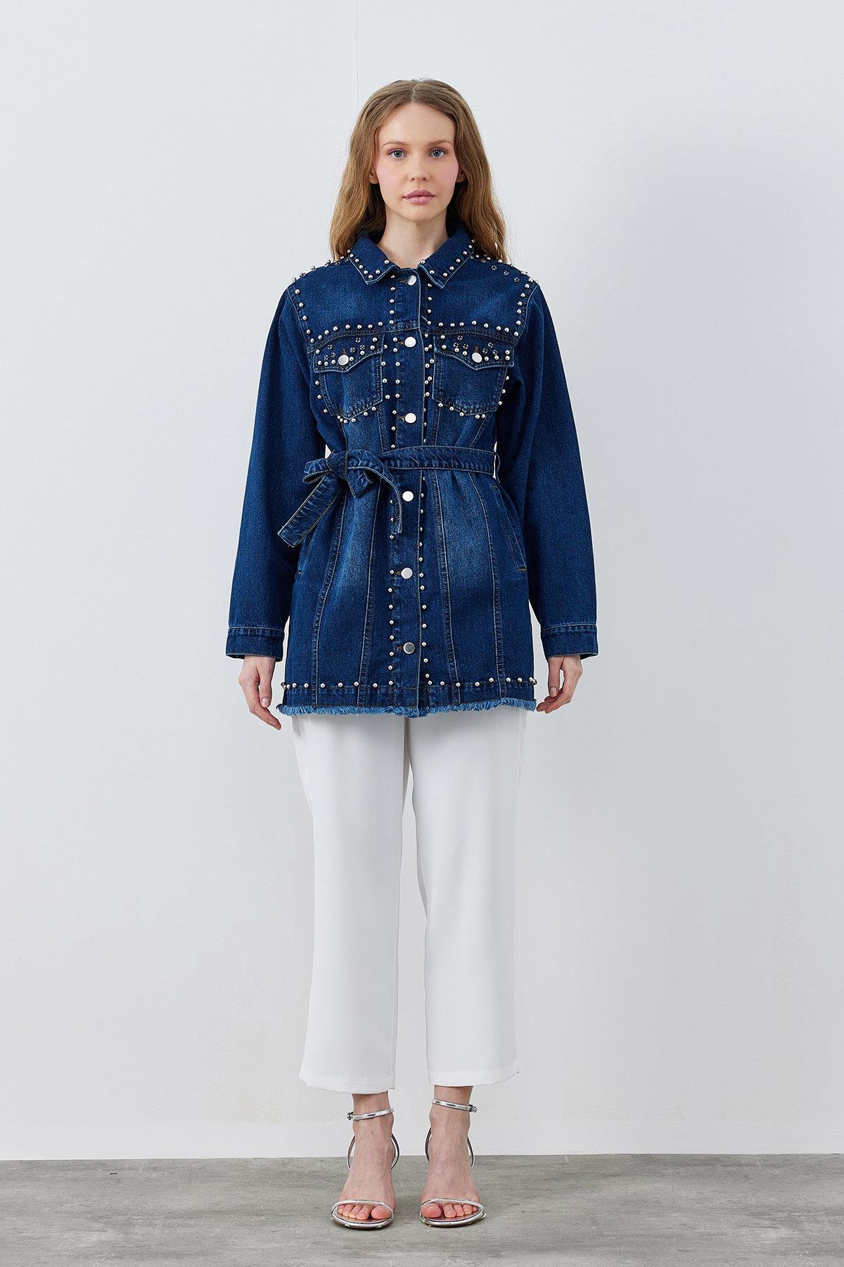 CAMELİA ZIMBALI DERİ CEKET- KOYU MAVİ 