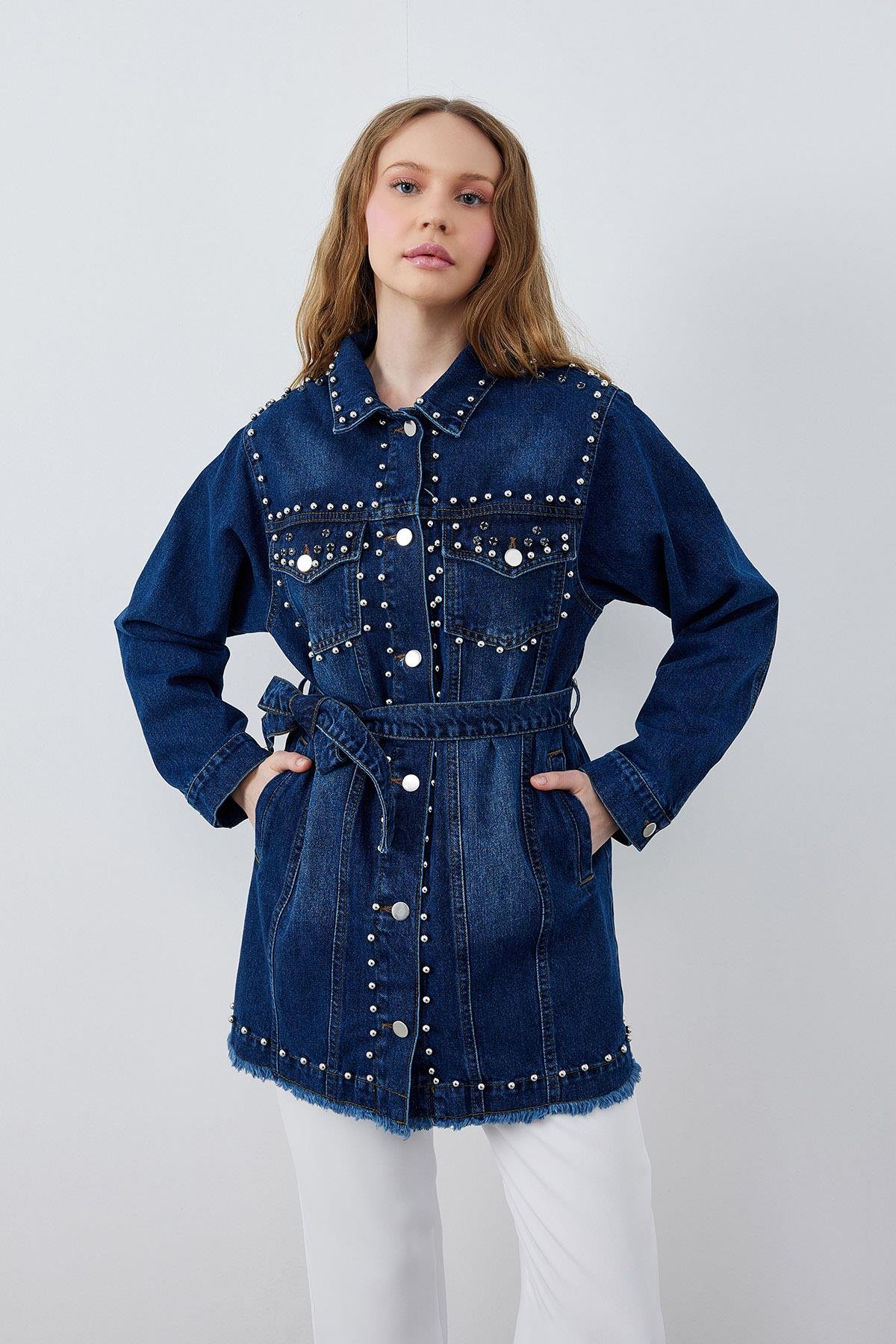 CAMELİA ZIMBALI DERİ CEKET- KOYU MAVİ 