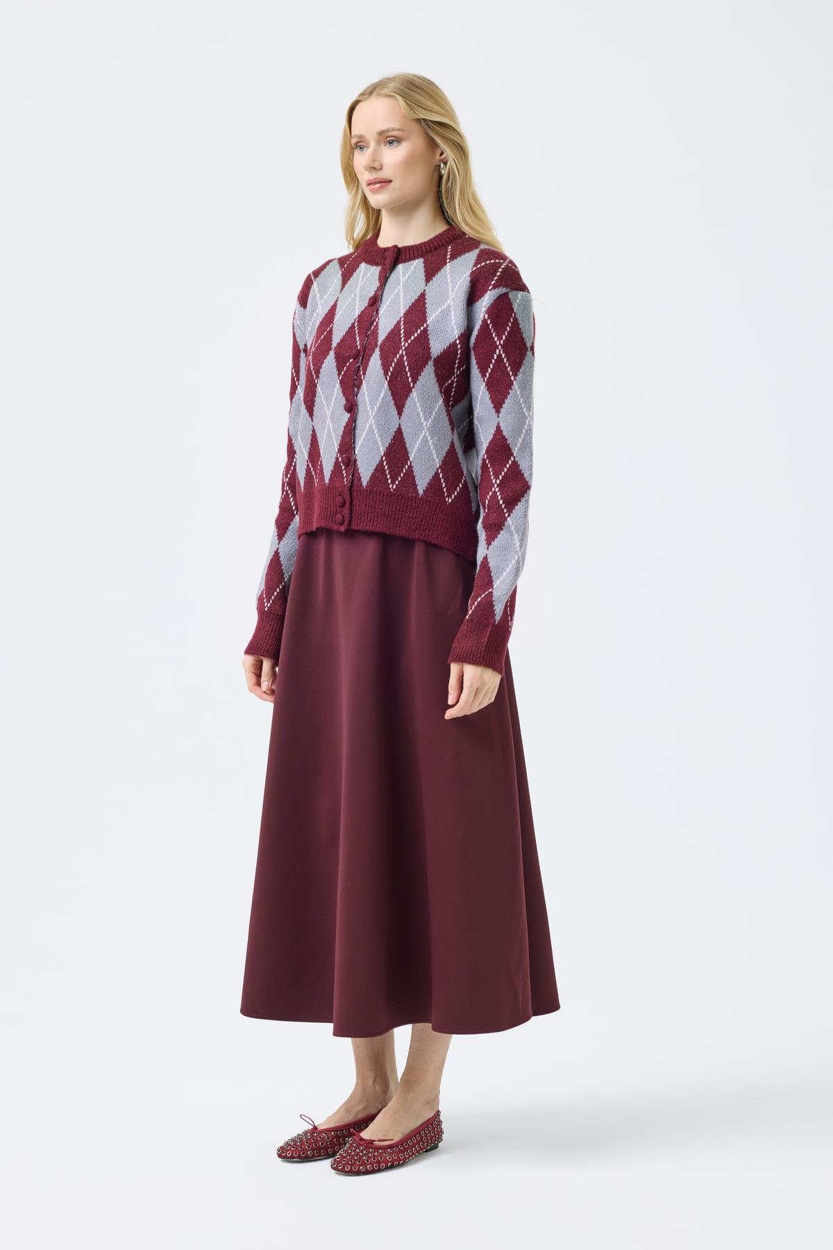 Camila Baklava Desenli Hırka -Bordo 