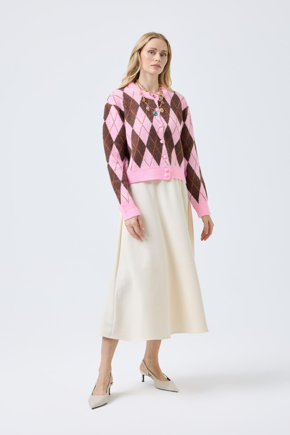 Camila Baklava Desenli Hırka - Pembe 