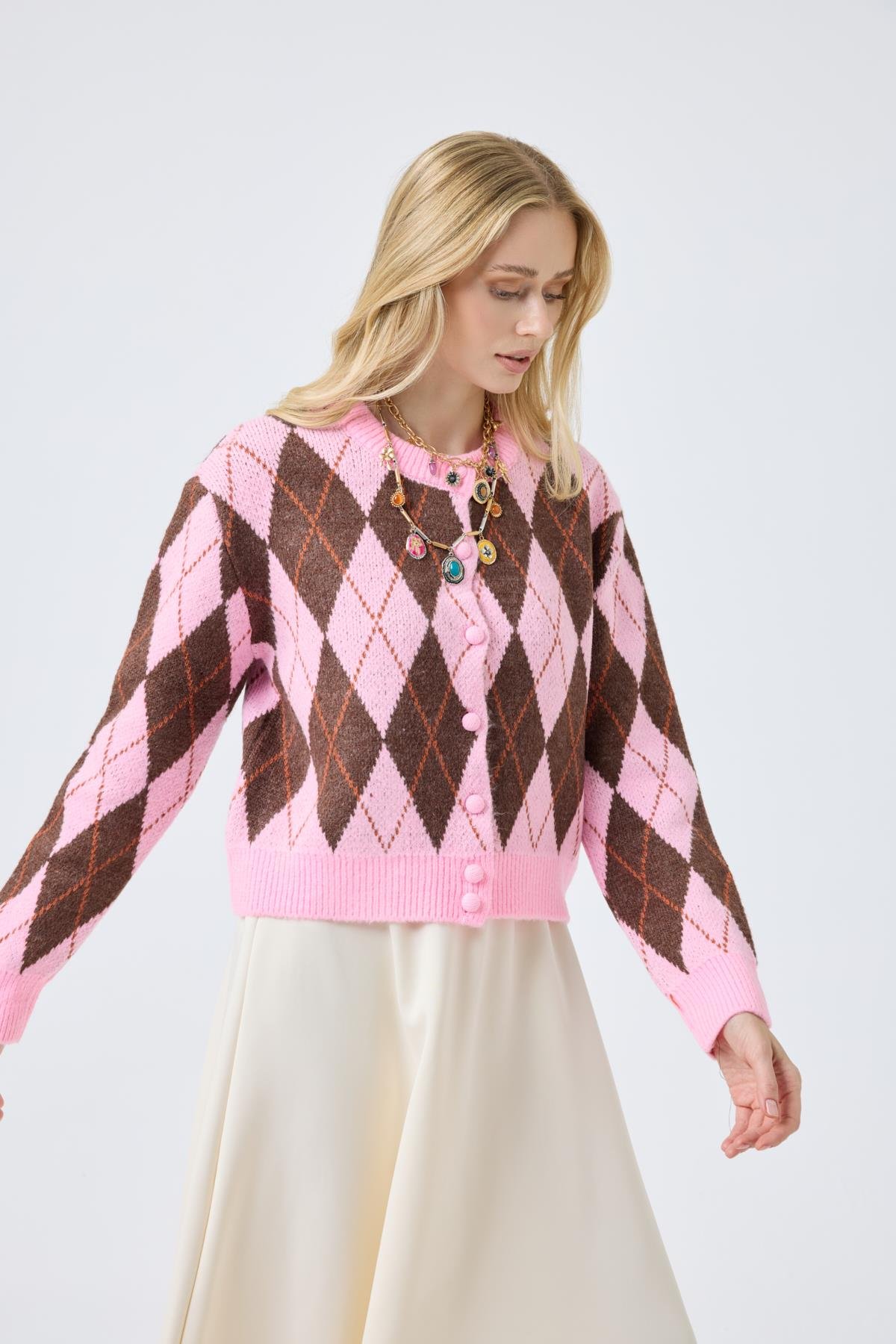 Camila Baklava Desenli Hırka - Pembe 