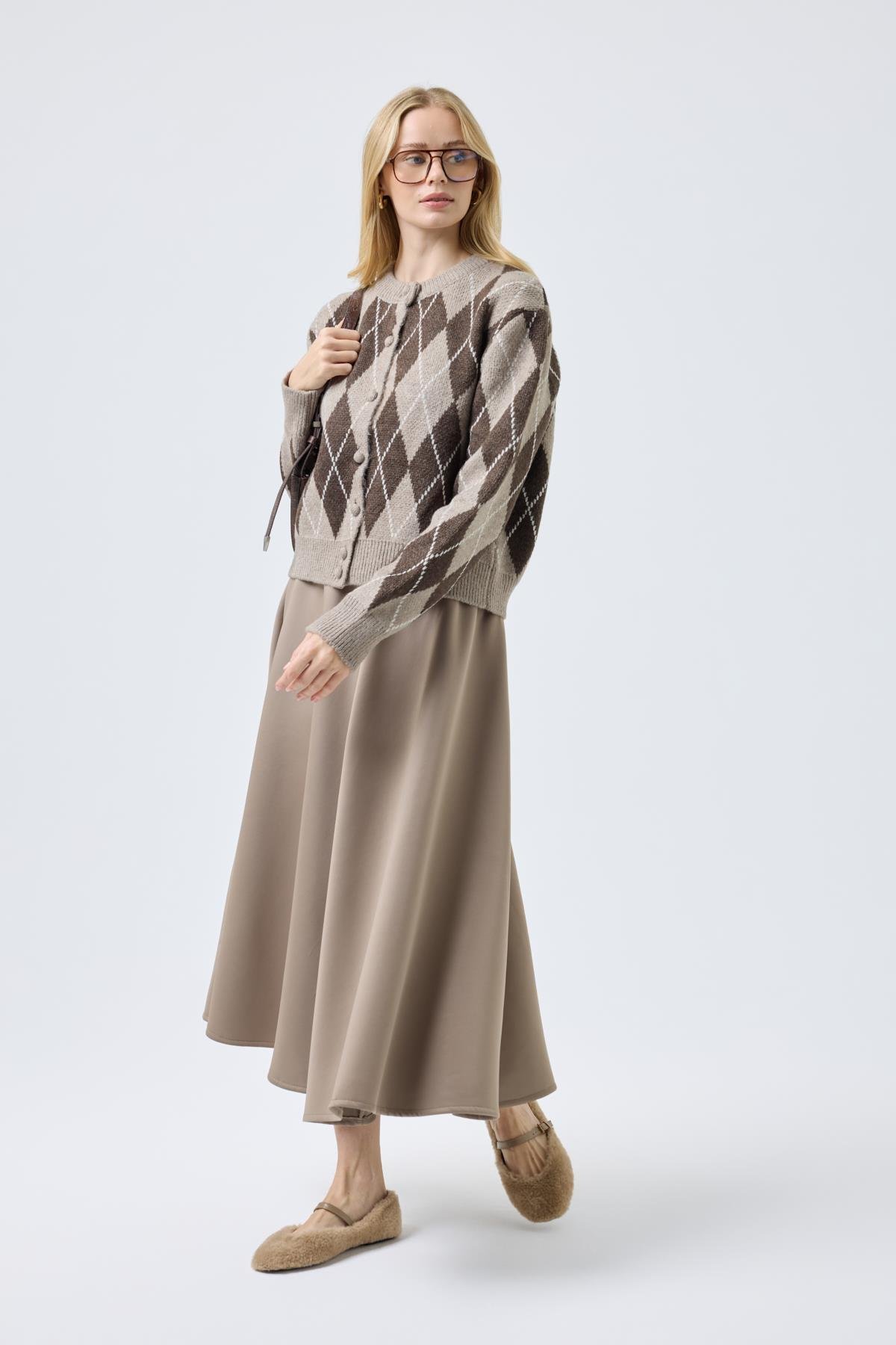 Camila Baklava Desenli Hırka - Vizon 