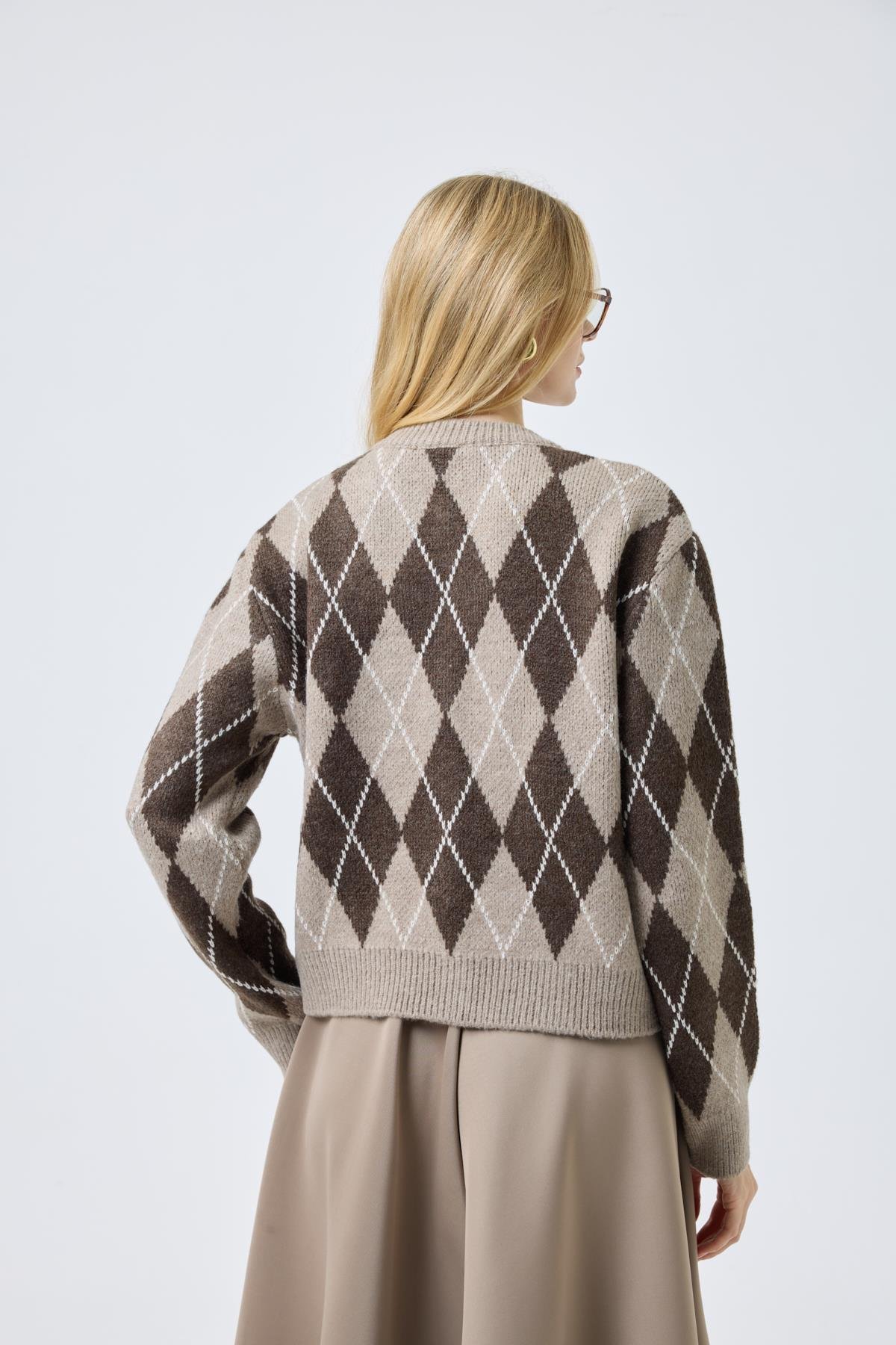 Camila Baklava Desenli Hırka - Vizon 