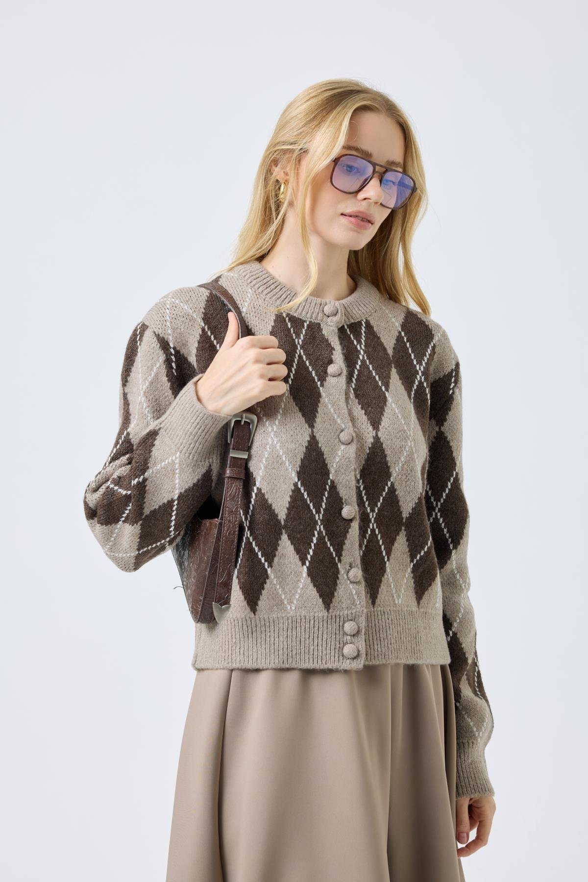 Camila Baklava Desenli Hırka - Vizon 