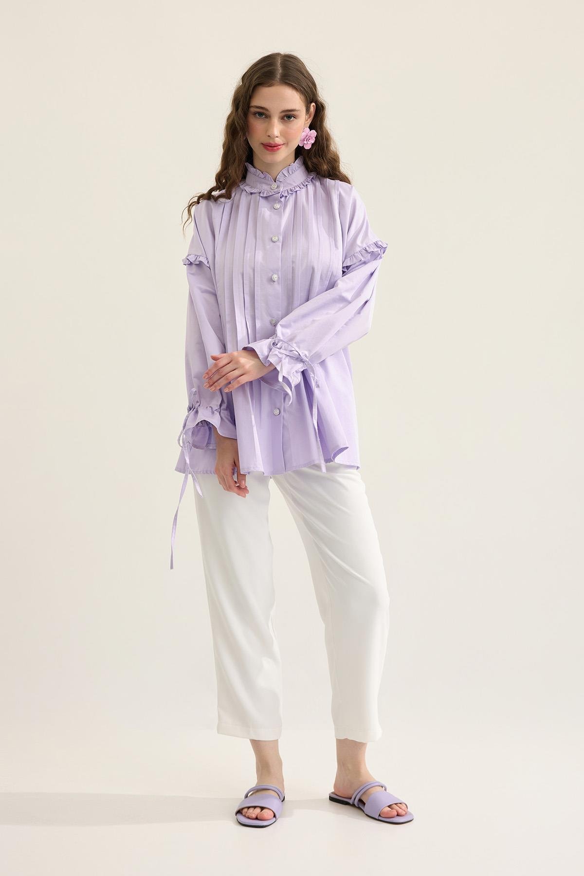Carol Nervürlü Fırfırlı Gömlek- Lila