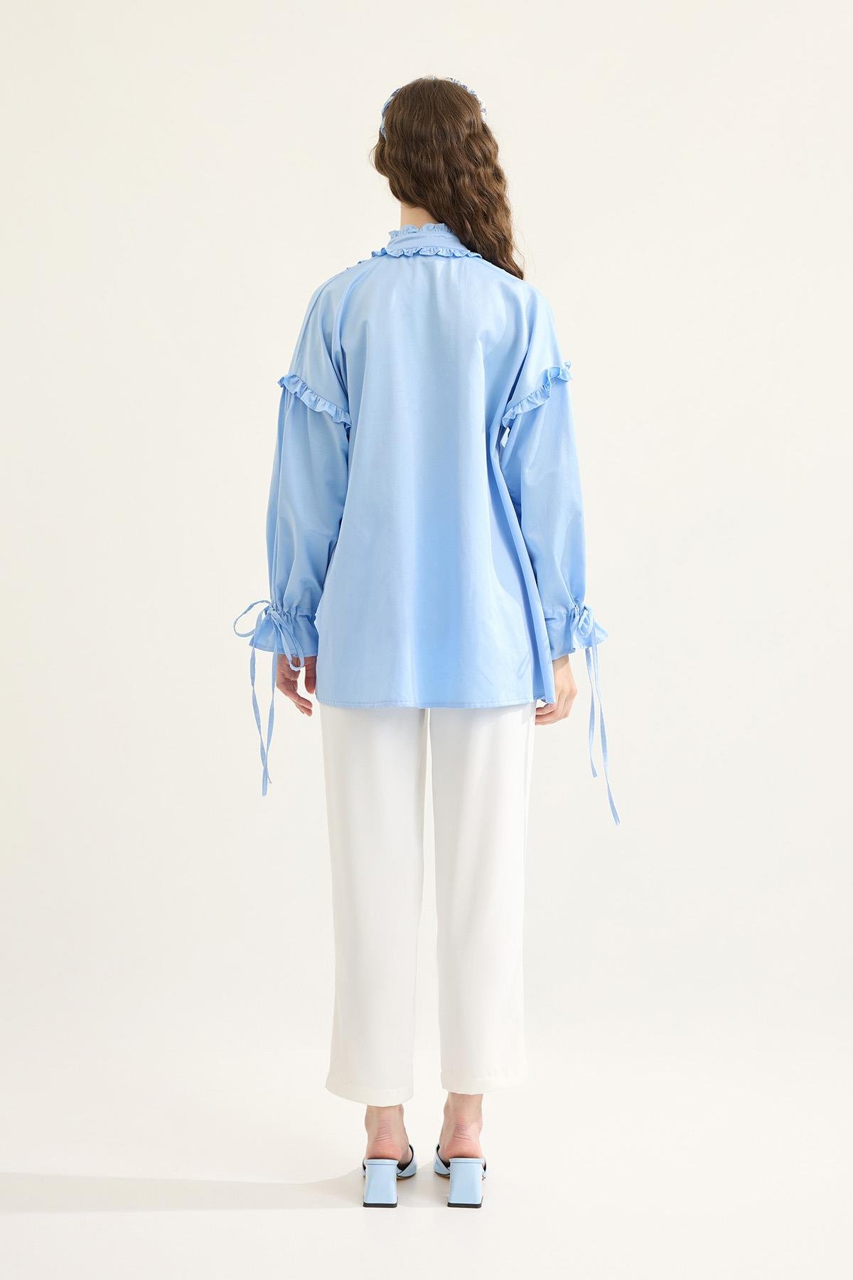 Carol Nervürlü Fırfırlı Gömlek- Mavi