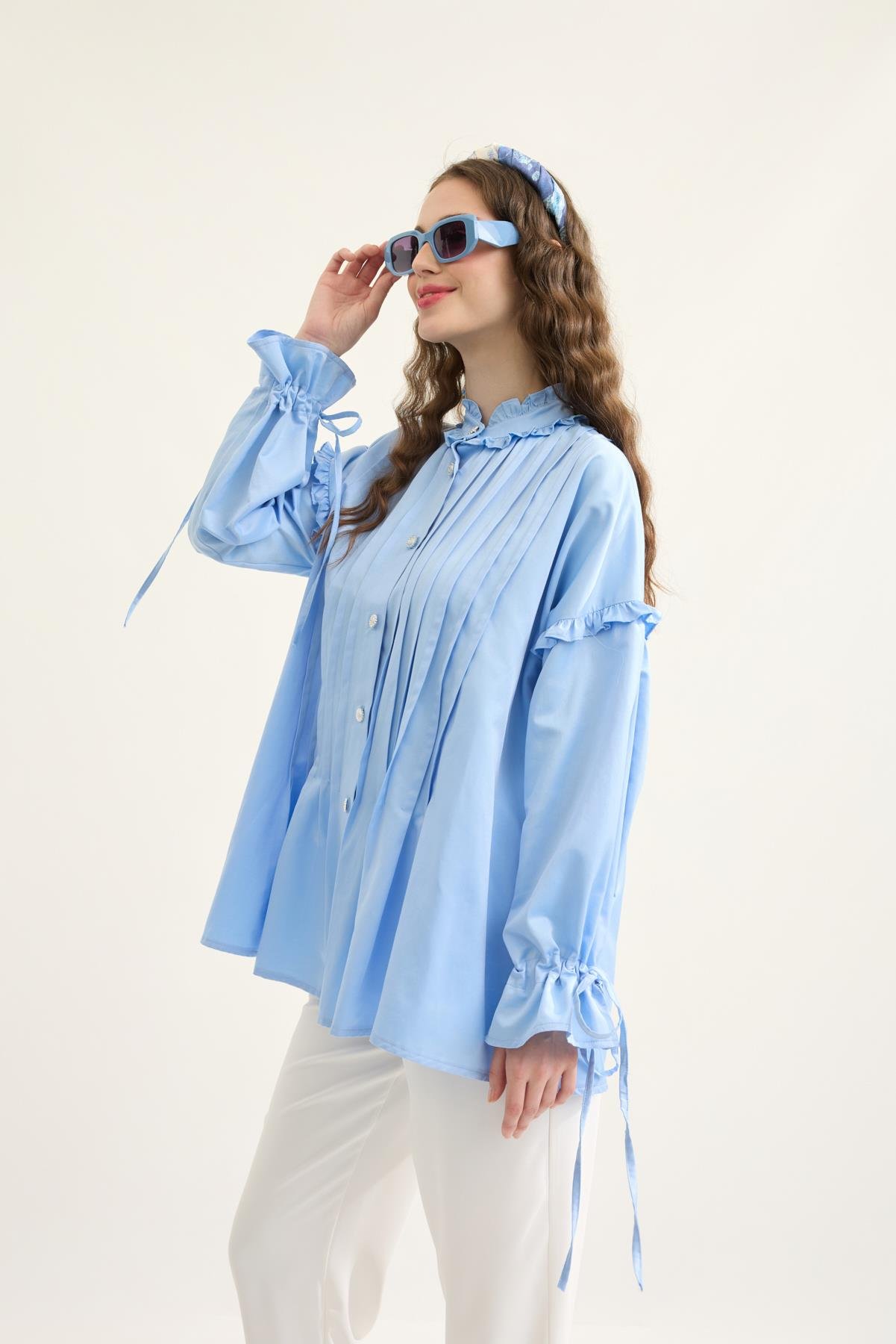 Carol Nervürlü Fırfırlı Gömlek- Mavi