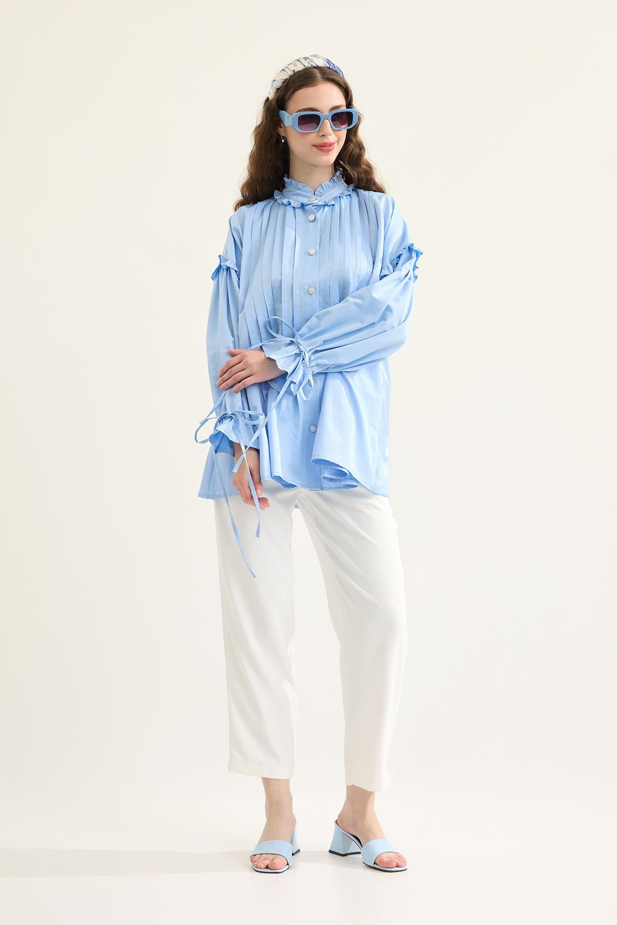 Carol Nervürlü Fırfırlı Gömlek- Mavi