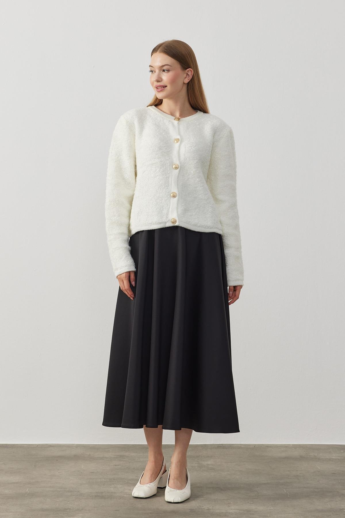 Ceremony Eskitme Düğme Detaylı Buklet Hırka - Ekru