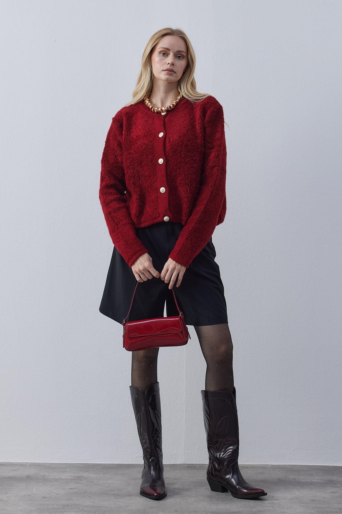 Ceremony Eskitme Düğme Detaylı Buklet Hırka- Bordo