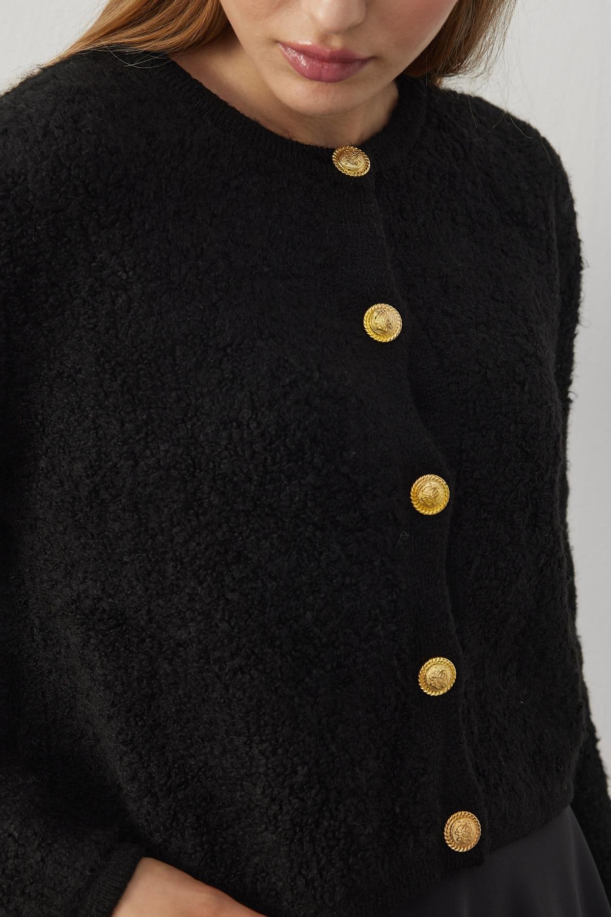 Ceremony Eskitme Düğme Detaylı Buklet Hırka - Siyah