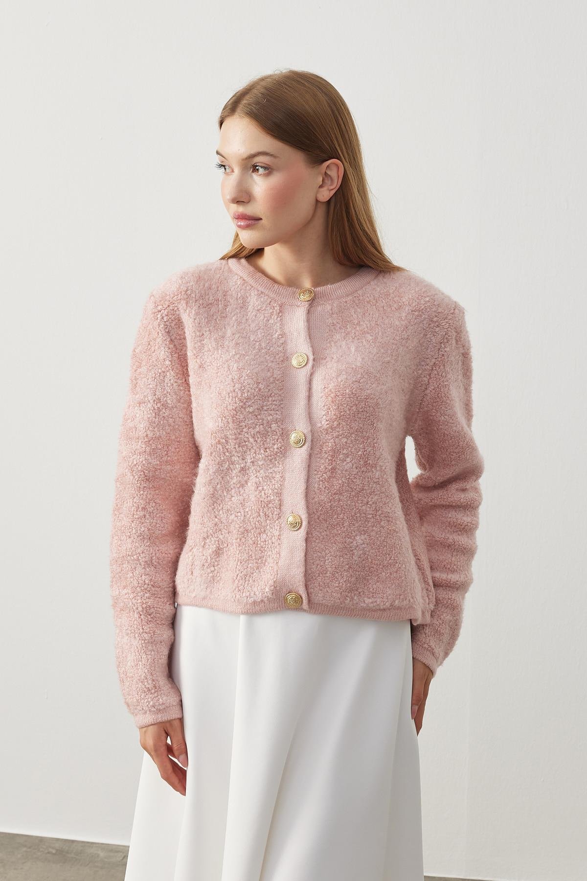 Ceremony Eskitme Düğme Detaylı Buklet Hırka - Pembe