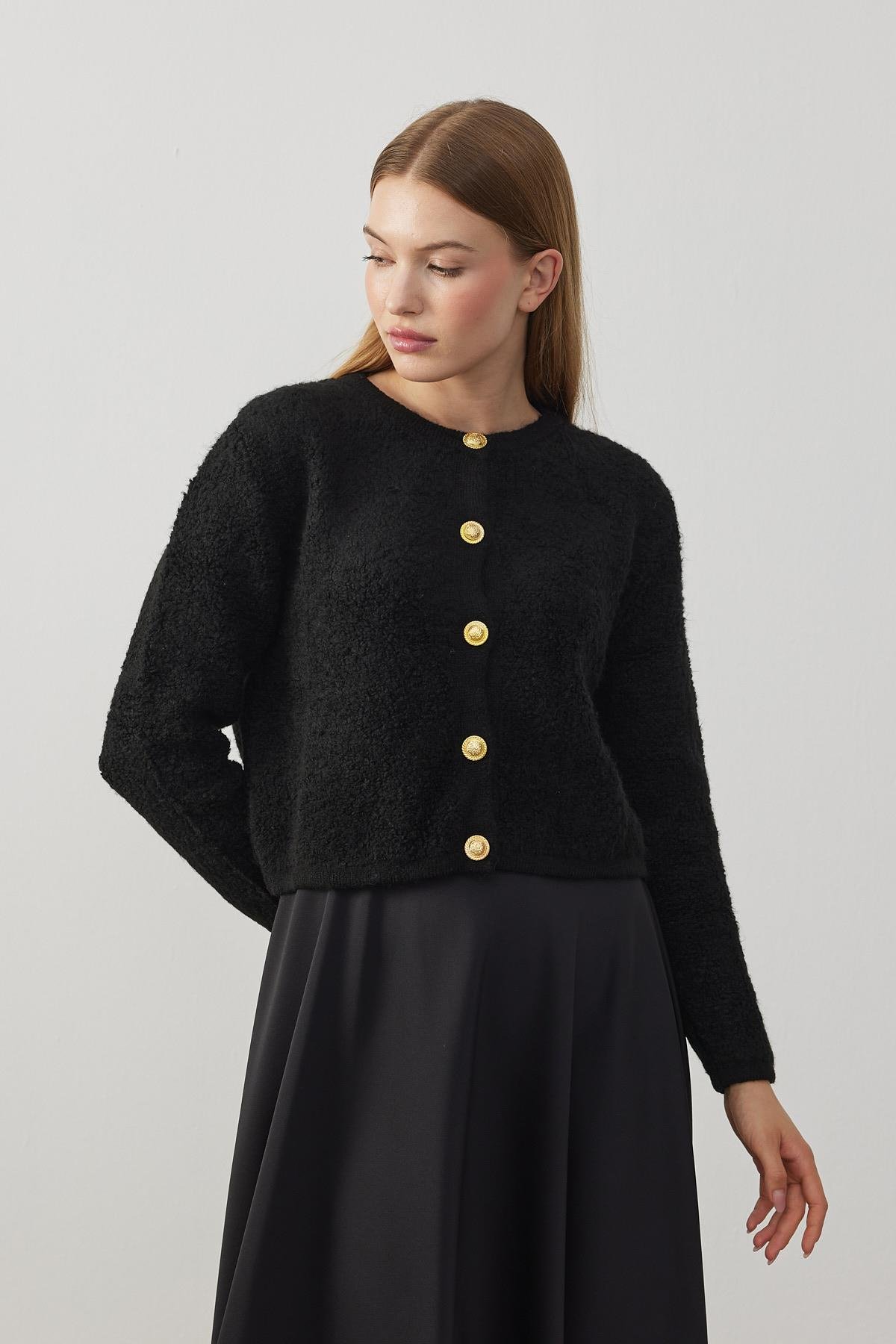 Ceremony Eskitme Düğme Detaylı Buklet Hırka - Siyah