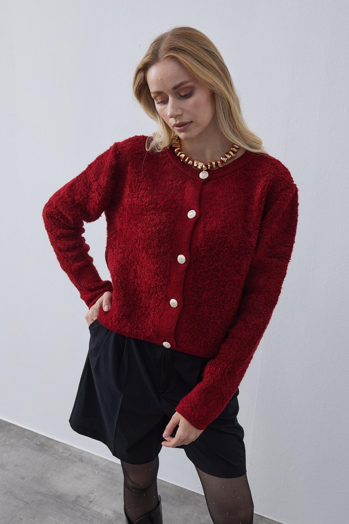 Ceremony Eskitme Düğme Detaylı Buklet Hırka- Bordo