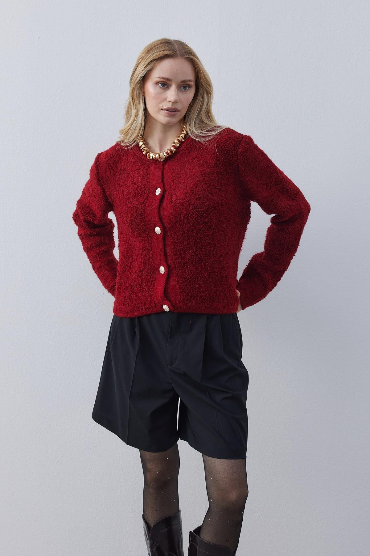 Ceremony Eskitme Düğme Detaylı Buklet Hırka- Bordo