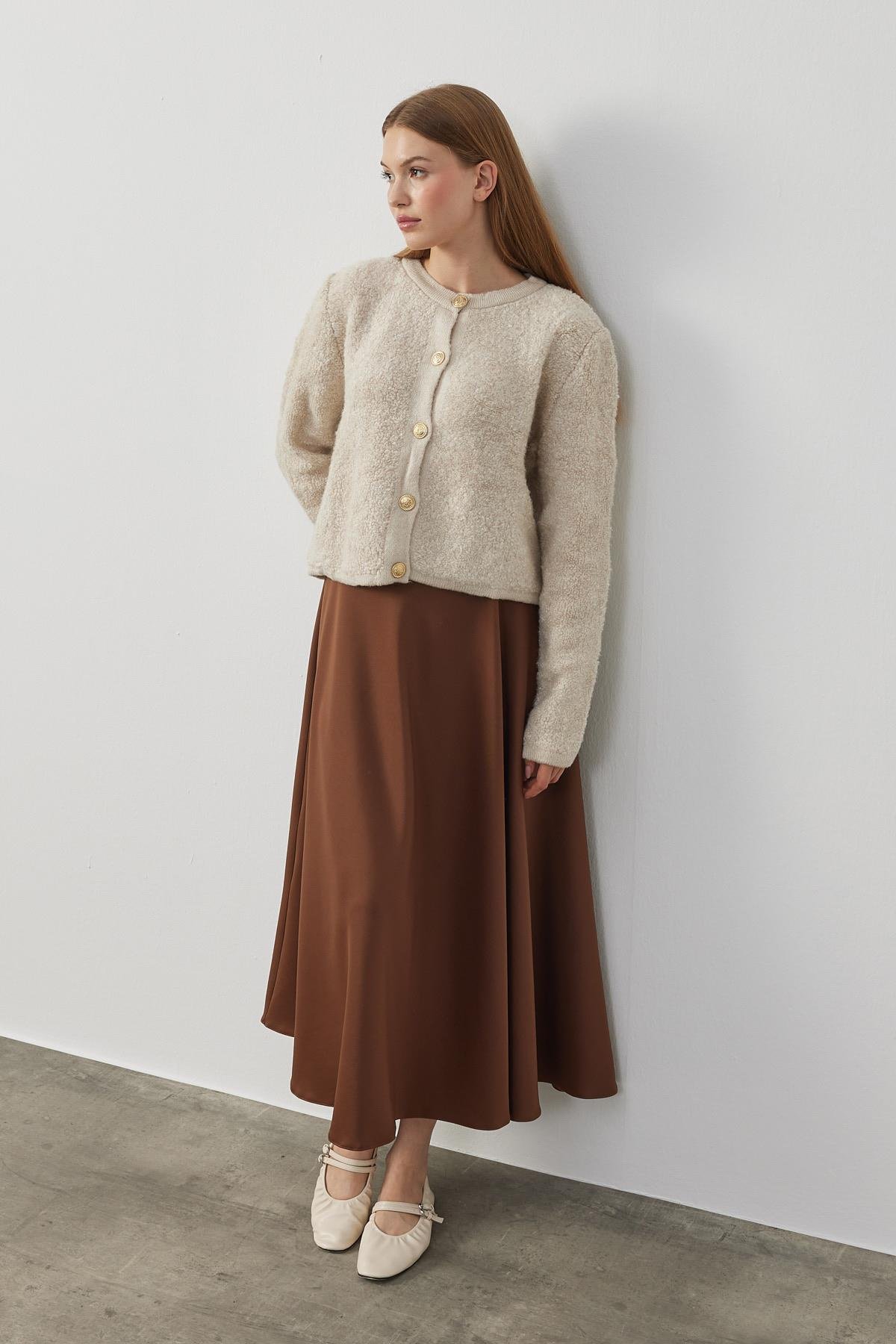 Ceremony Eskitme Düğme Detaylı Buklet Hırka - Bej