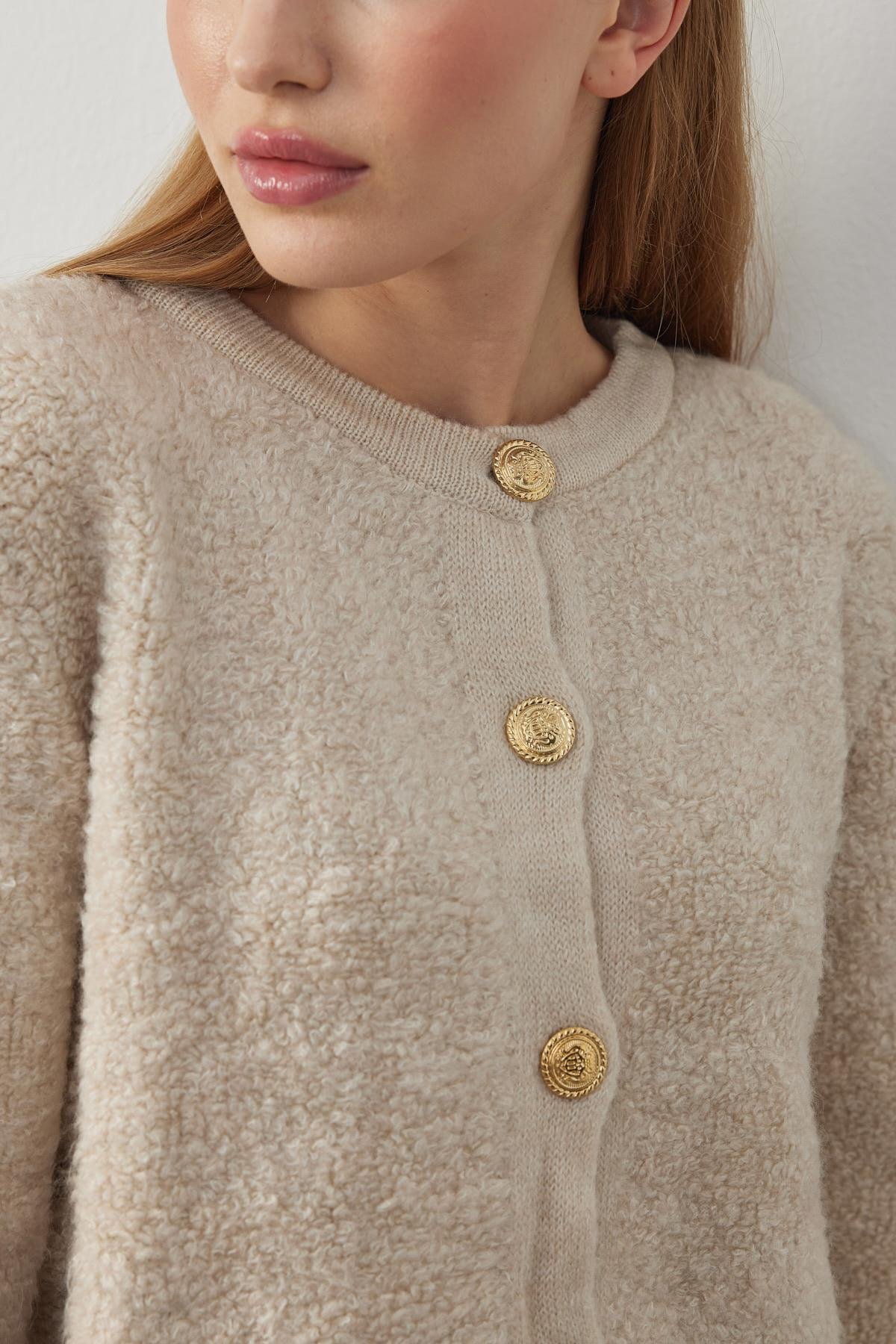 Ceremony Eskitme Düğme Detaylı Buklet Hırka - Bej