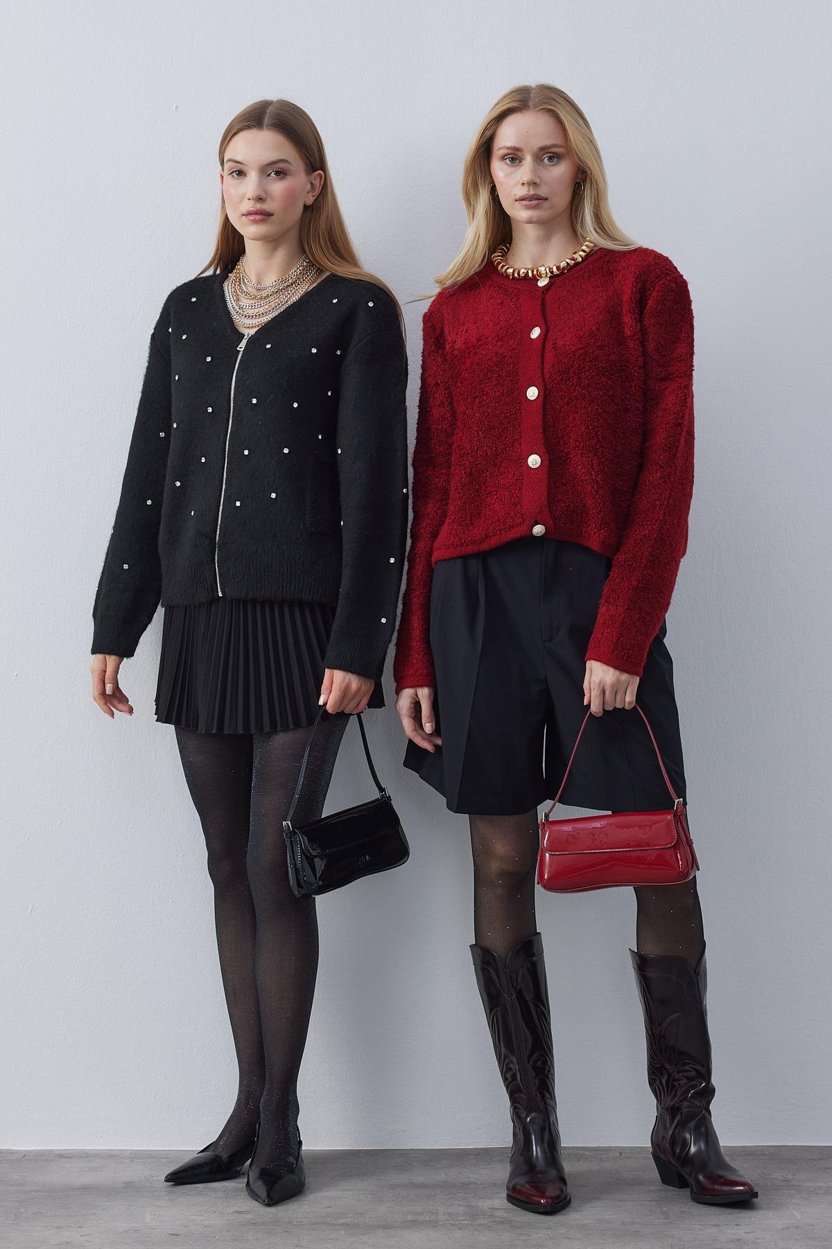 Ceremony Eskitme Düğme Detaylı Buklet Hırka- Bordo